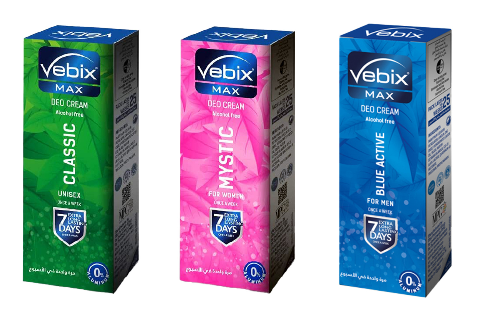 3x 25ml. Vebix Max Deodorant Cream Blue Active Classic Mystic Extra Long Lasting
