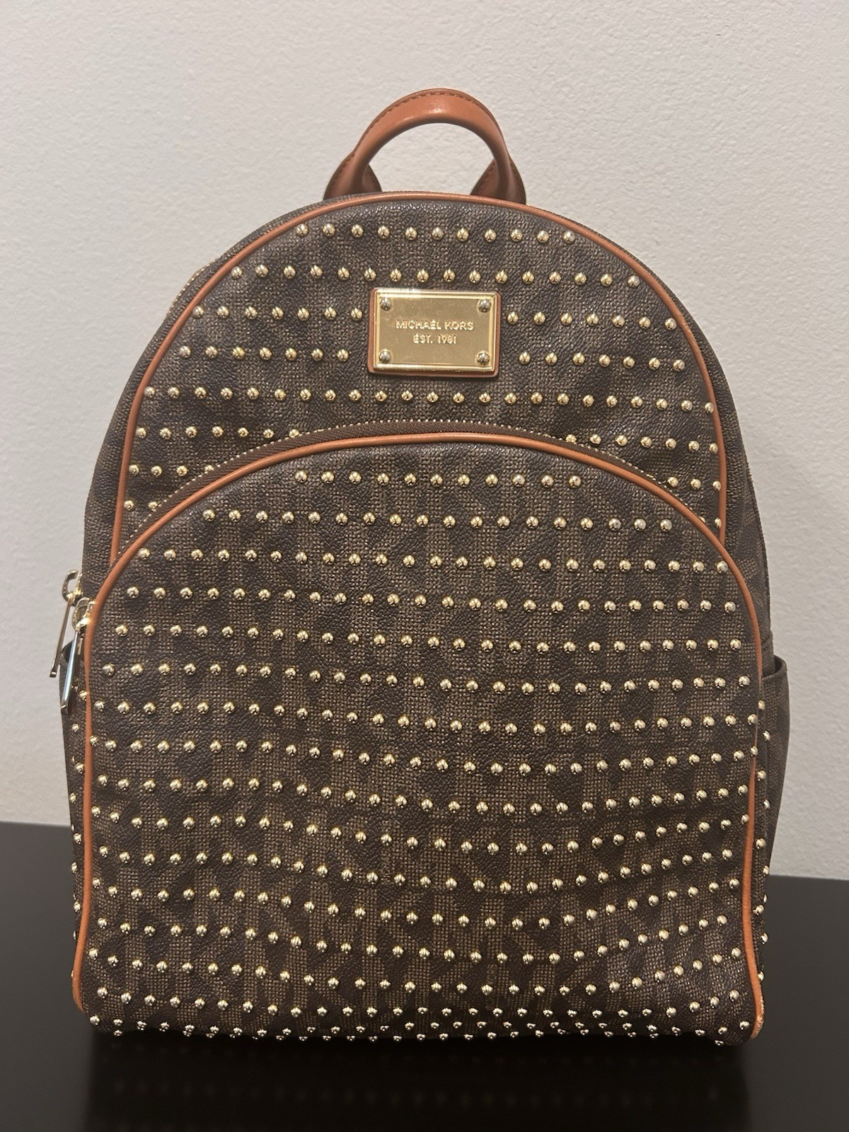 Michael Kors Logo Studded Zip Backpack Brown Beige Straps Gold Hardware Michael Kors Logo Studded Zip Backpack Brown Beige Straps Gold Hardware