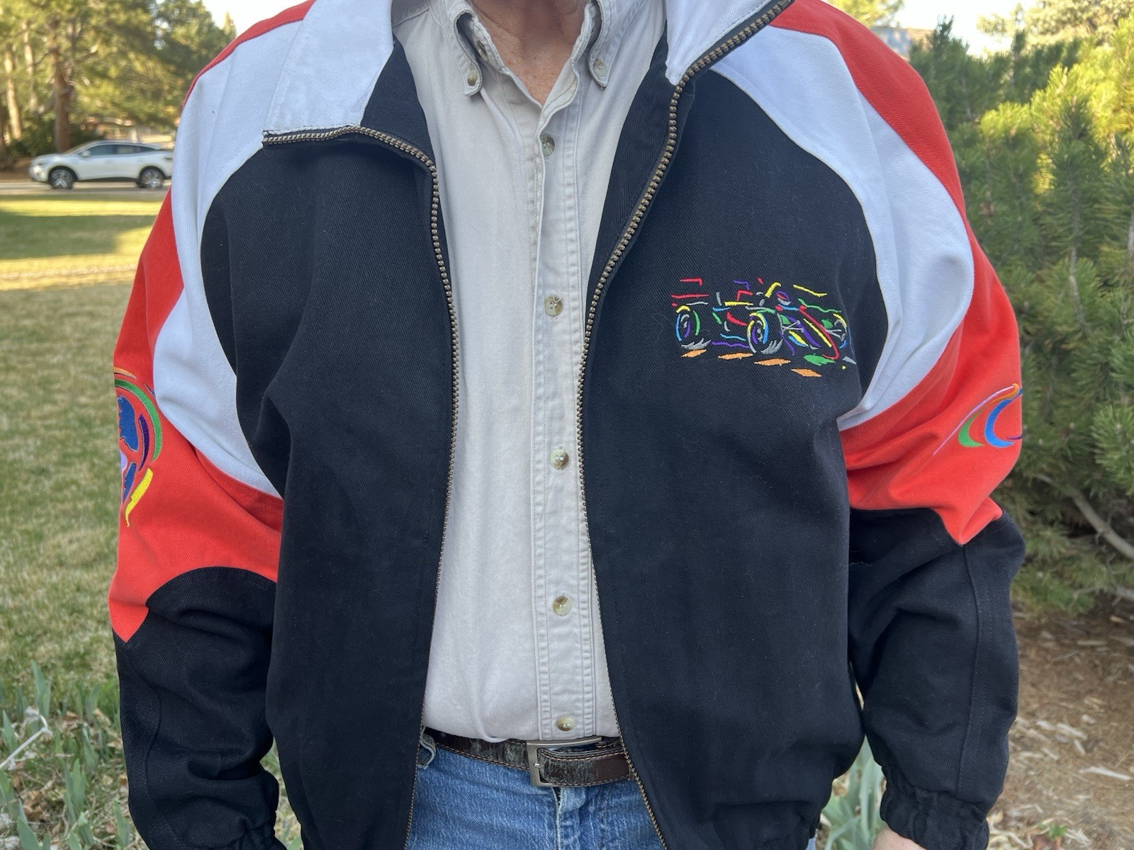 RANDY OWENS Men’s Jacket - L -Car Racing - Embroidered Race car - New With Tags RANDY OWENS Men’s Jacket - L -Car Racing - Embroidered Race car - New With Tags