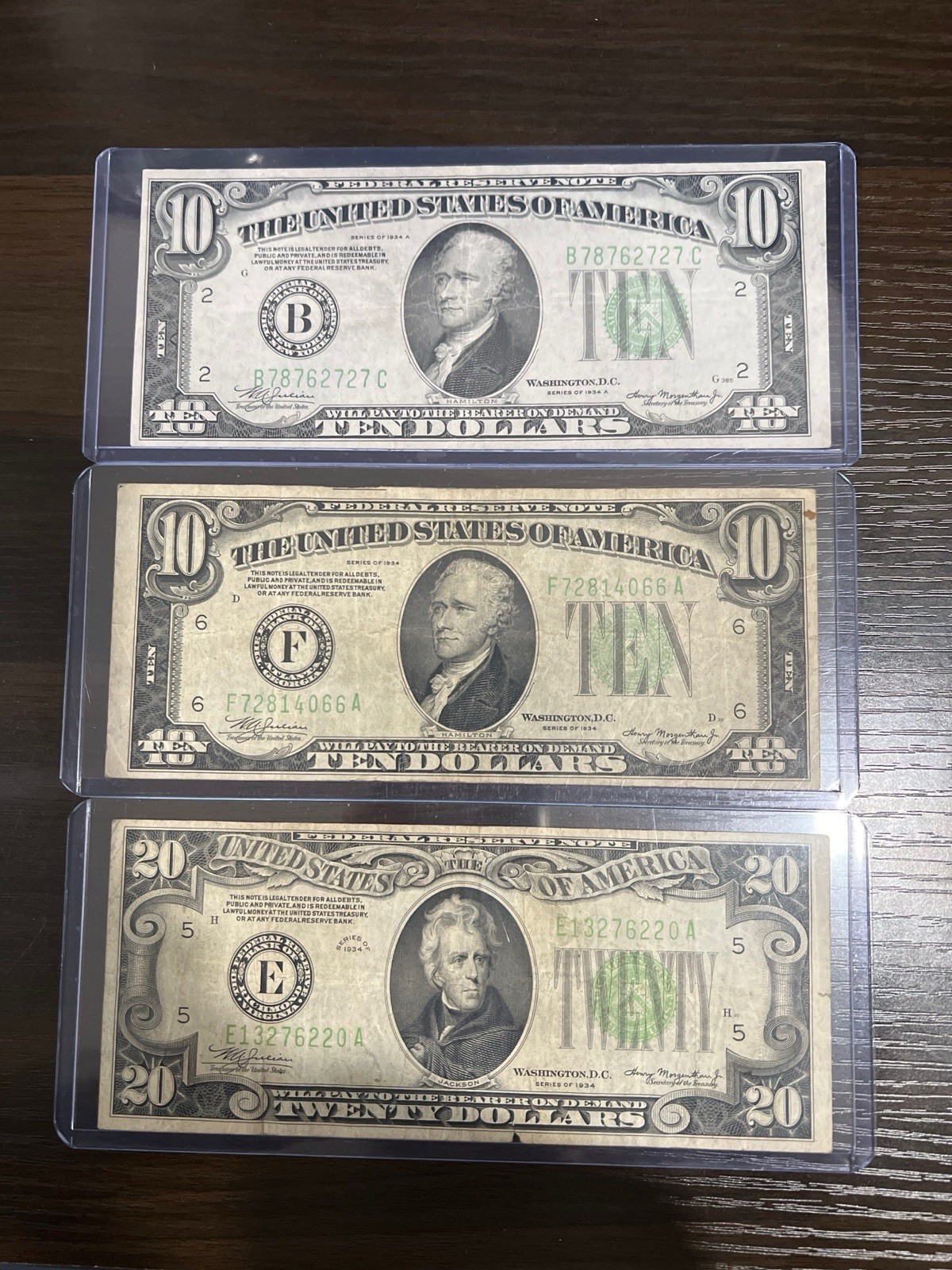 Lot of 3 Vintage 1934 & 1934-A $10 $20 Federal Reserve Notes Green Seals LGS