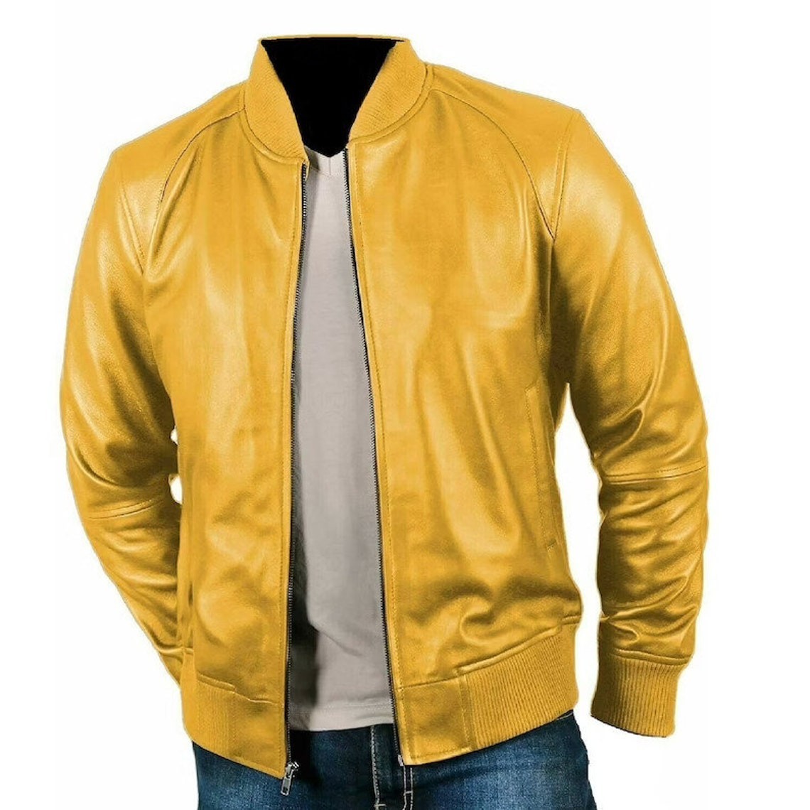 Men\'s Causal Wear Biker Stylish Yellow Real Leather Jacket - ALL BIG SIZES