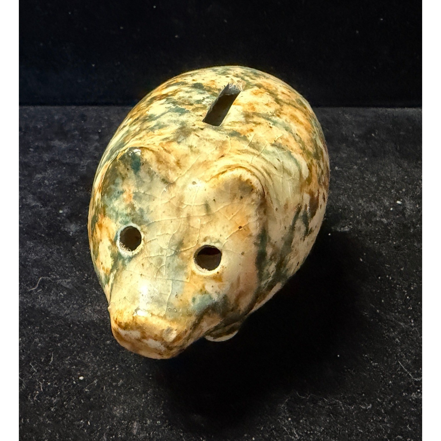 Vintage Studio Pottery Piggy Bank Ceramic Mottled Green Brown Glaze Folk Art
