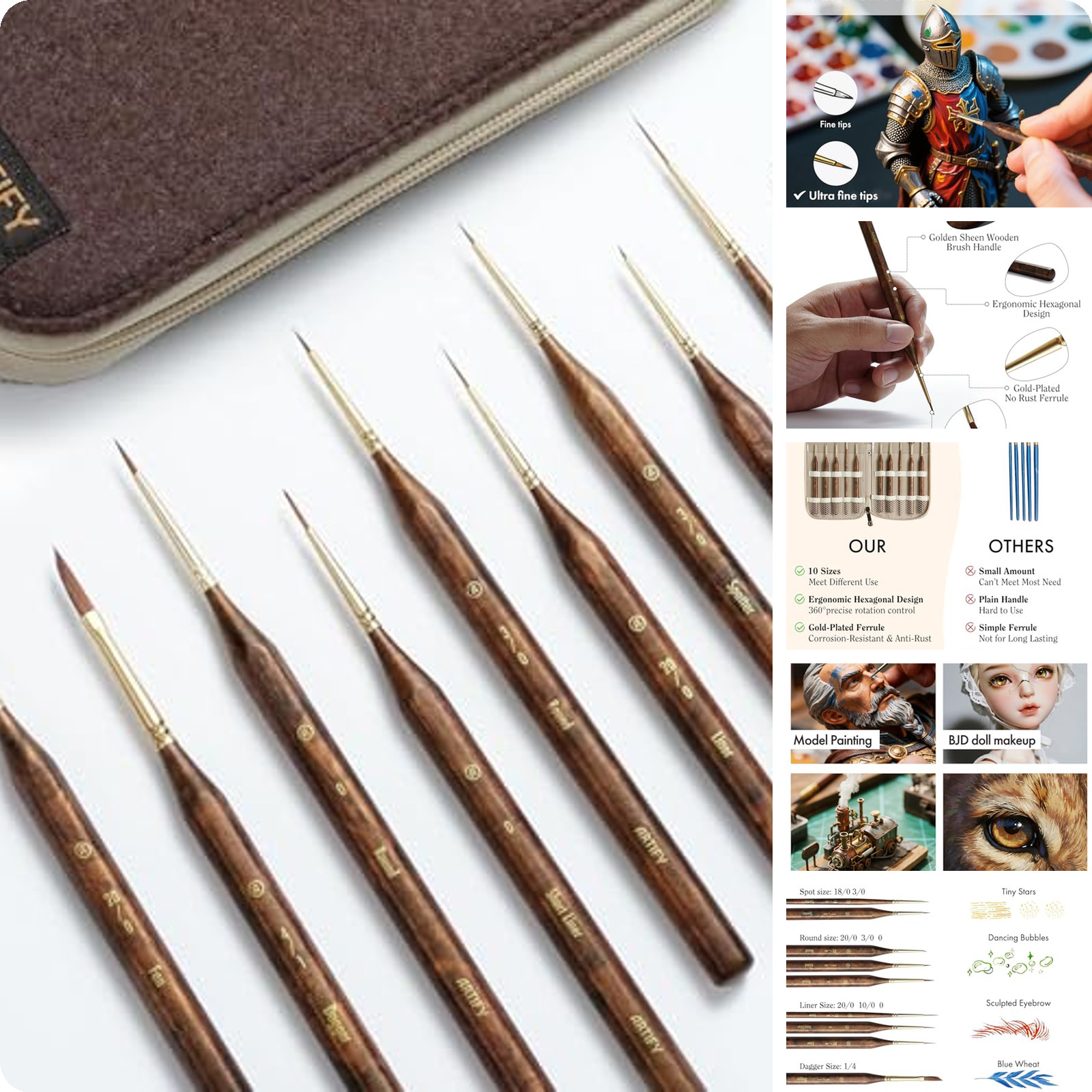10 Piece Artify Detail Paint Brush Set with Carrying Case for Miniature Painting