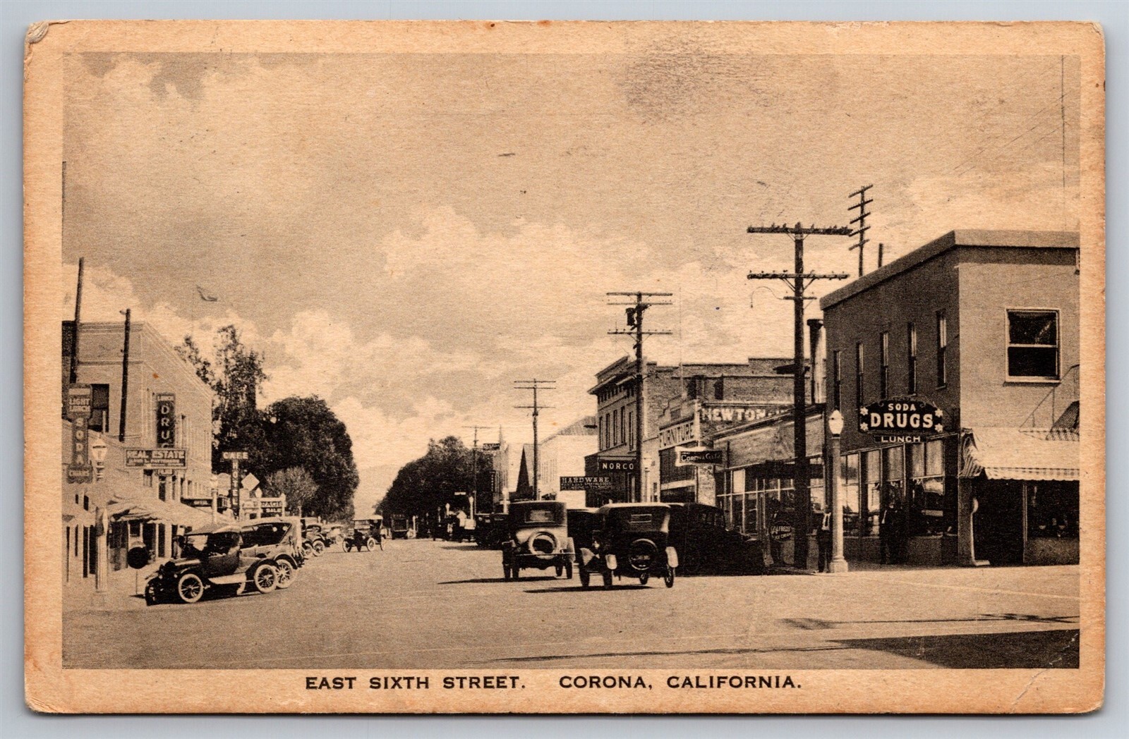 East Sixth Street Corona Cal Old Cars Drugs Newton Norco C1910's Postcard P6 East Sixth Street Corona Cal Old Cars Drugs Newton Norco C1910's Postcard P6