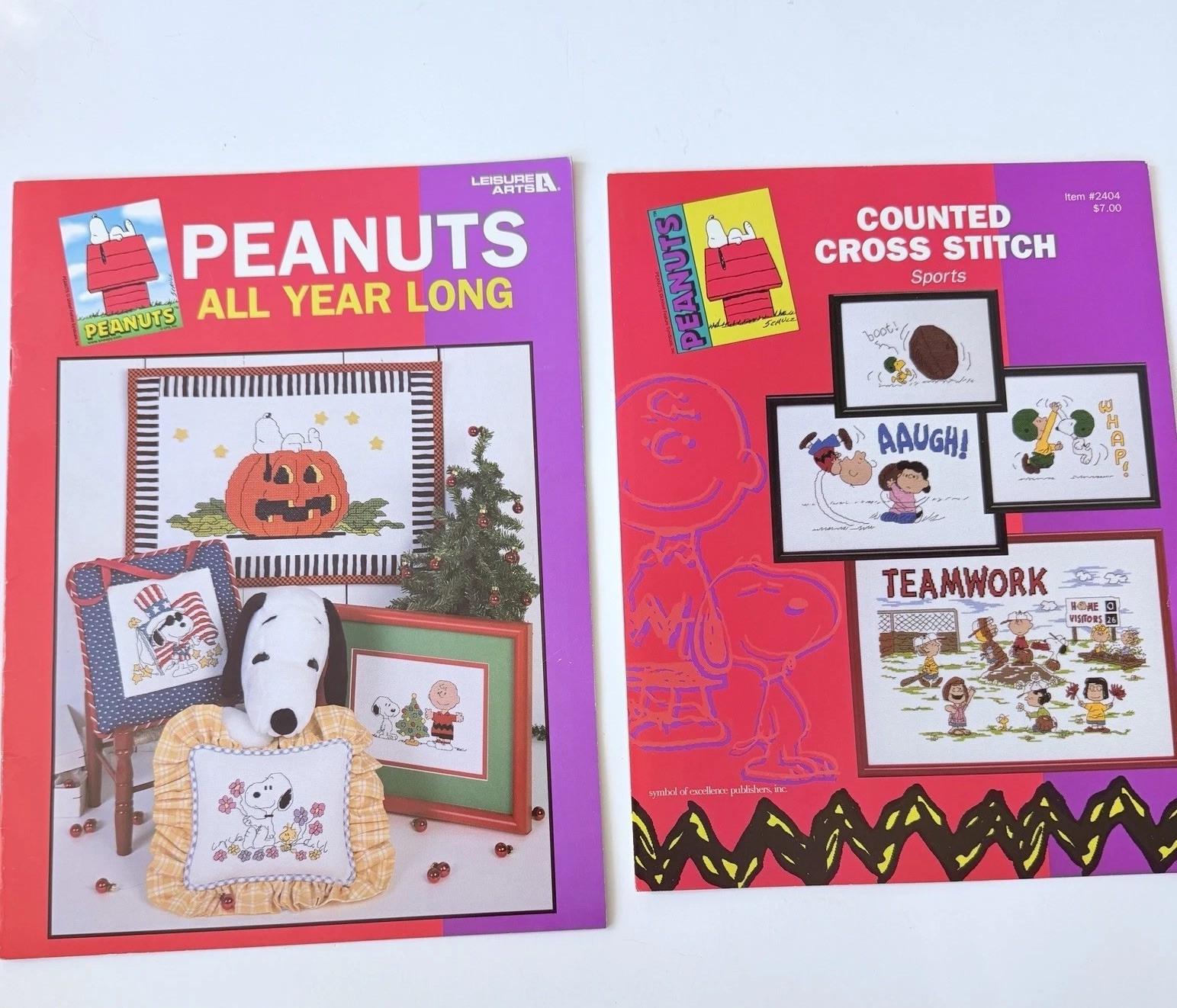 2 Vintage Leisure Arts Cross Stitch Book - Peanuts All Year Long + Sports Snoopy