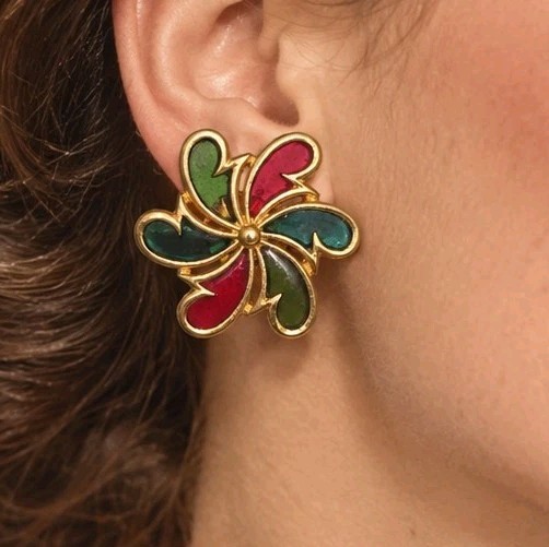 Vintage Crown Trifari Alfred Philippe Plique a Jour Enamel Flower Clip Earrings