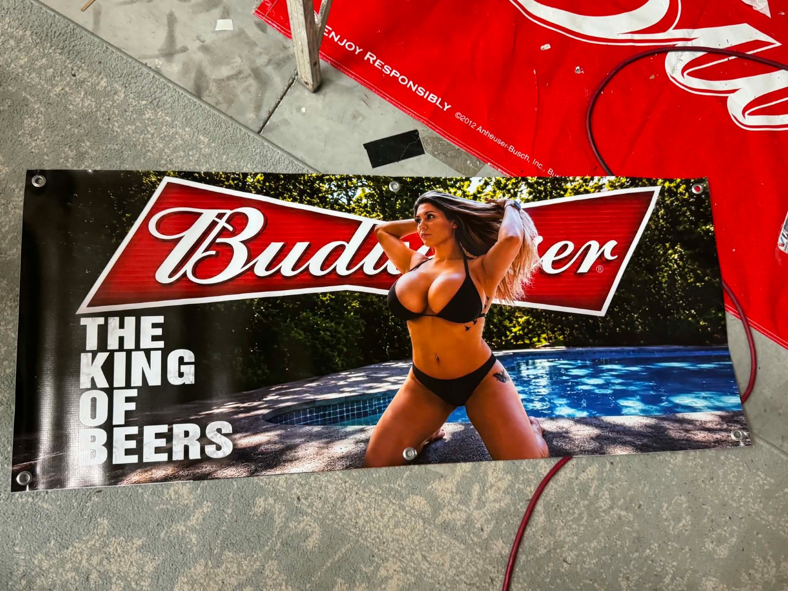 Budweiser Beer Banner 20 x 48, Bikini Girl Poolside Bar Sign, King of Beers Man