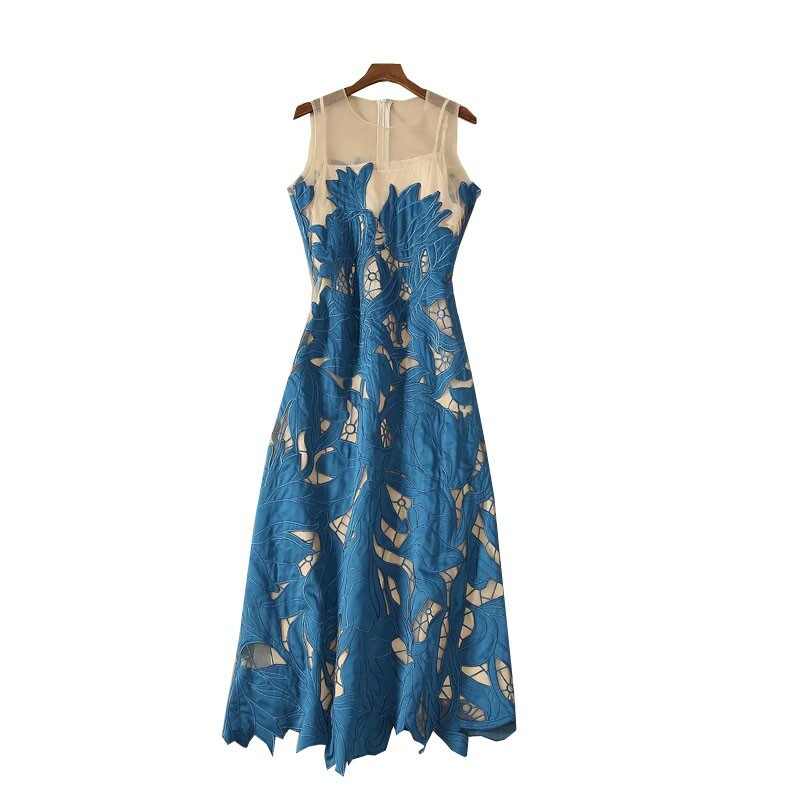 Occident Women Runway Hollow Out A-Line Long Dress Floral Ball Gown Party Summer
