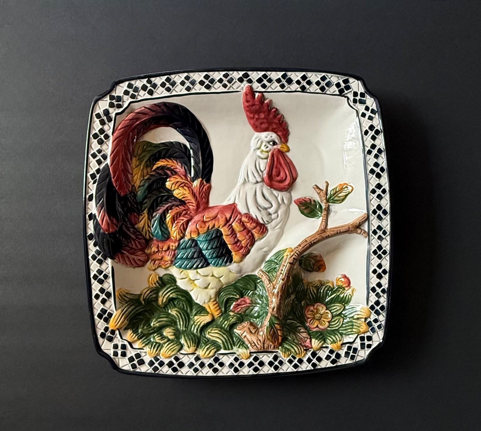 1998 CBK ltd Colorful Ceramic Rooster Design Chip and Dip Serving Platter