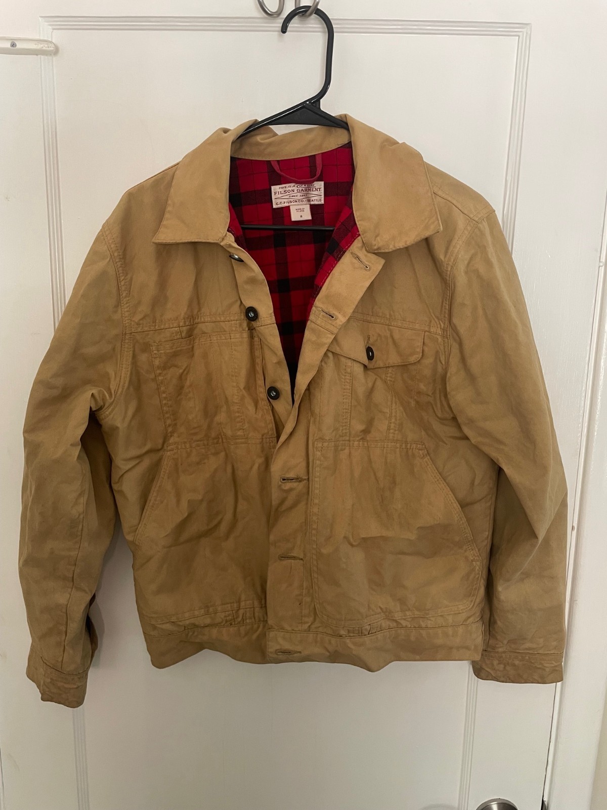 Filson Short Cruiser Jacket Tin Cloth Waxed Plaid Lined Tan USA Medium Filson Short Cruiser Jacket Tin Cloth Waxed Plaid Lined Tan USA Medium