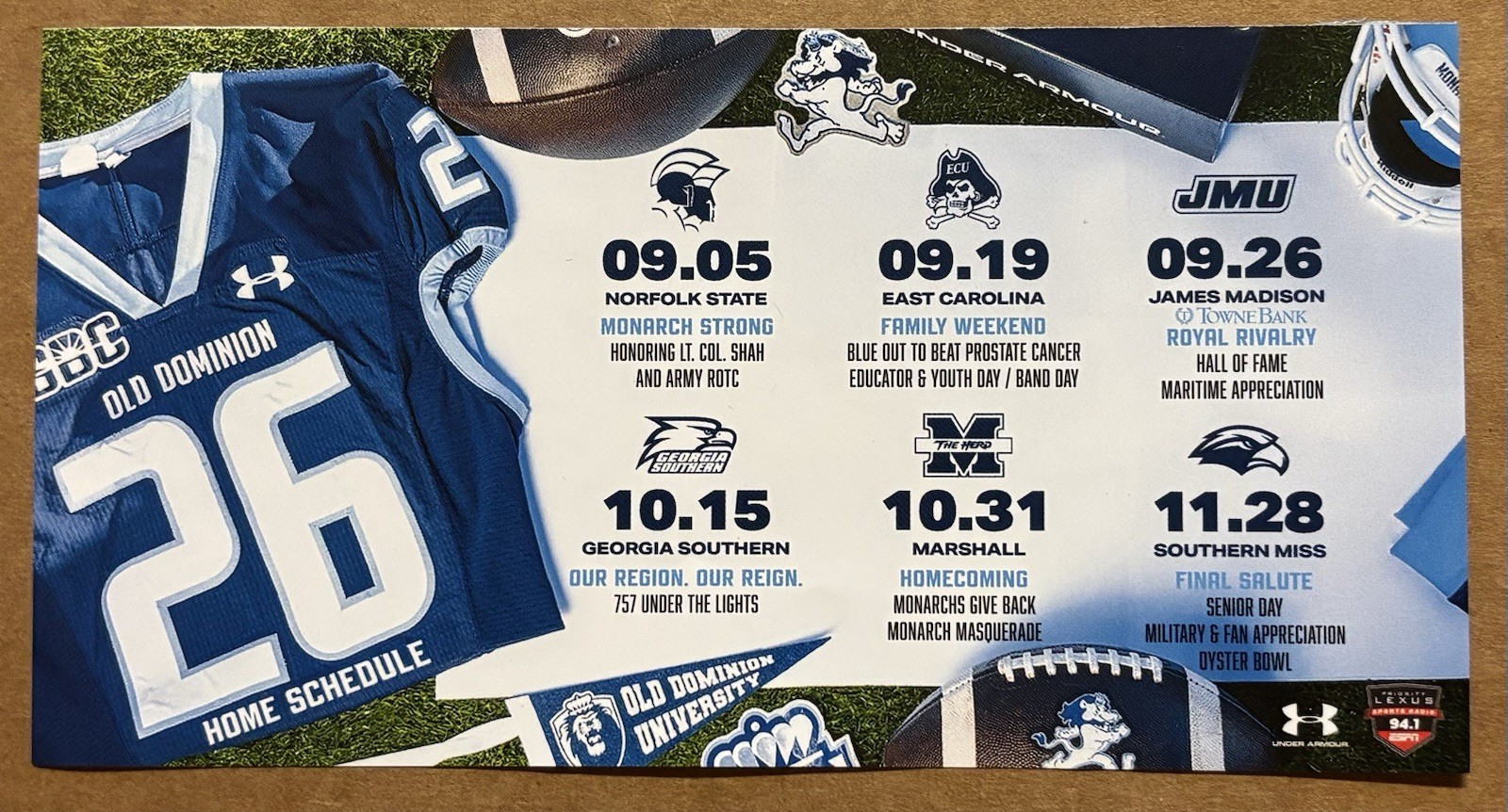 2026 Old Dominion Monarchs Football Pocket Schedule-Defending Cure Bowl Champs