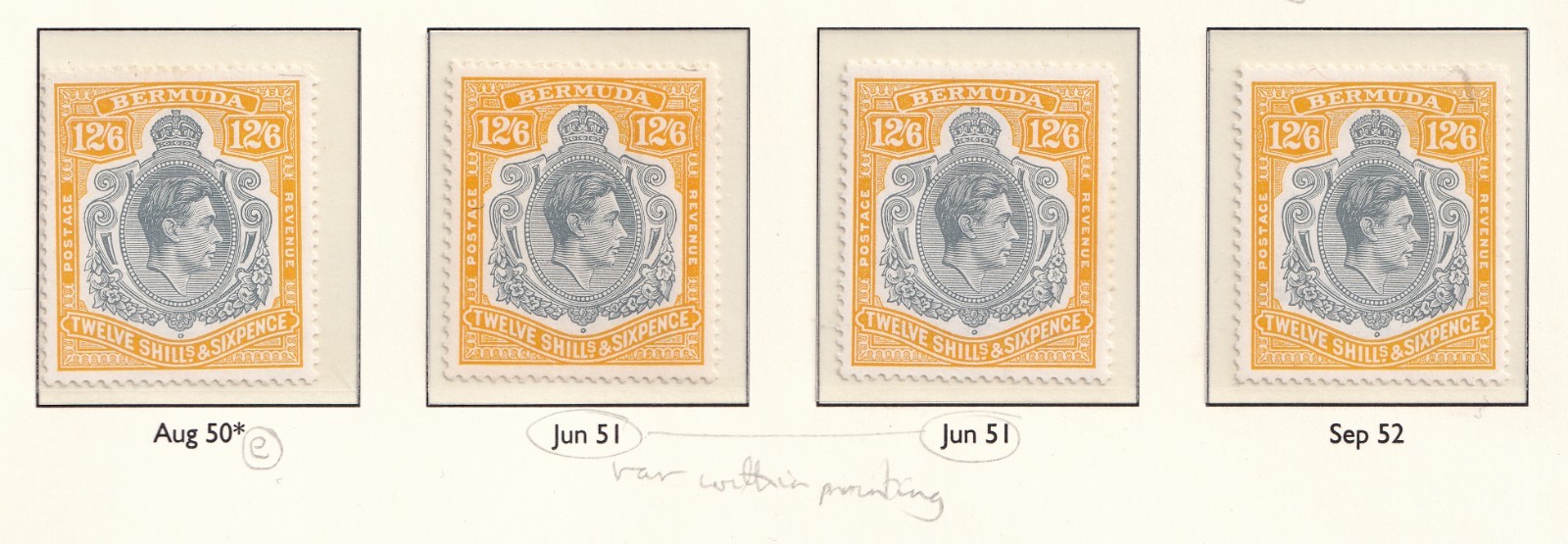 Bermuda Stamps 1937-1952 Reference 12/6 Issues 12 to 14; SG120e MH+MNH CV £360 Bermuda Stamps 1937-1952 Reference 12/6 Issues 12 to 14; SG120e MH+MNH CV £360