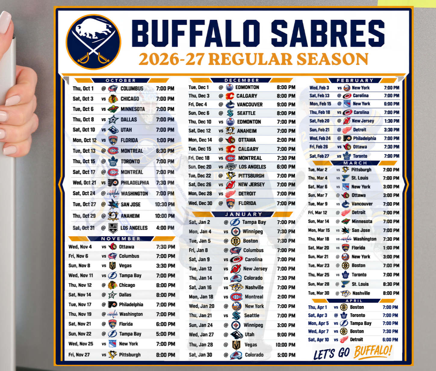 Buffalo Sabres Hockey Schedule 2026-27 Season LARGE Magnet (8x8 inches) Buffalo Sabres Hockey Schedule 2026-27 Season LARGE Magnet (8x8 inches)