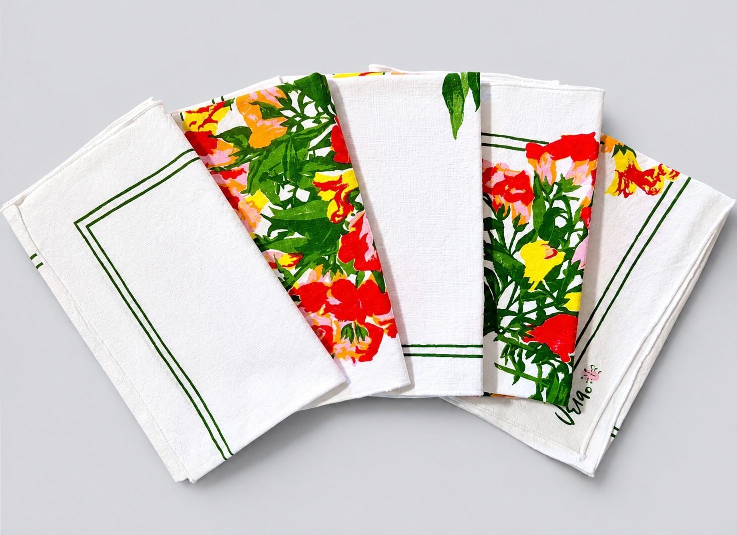 Vintage Vera Neumann Snapdragon Linen Napkins Set 5 Pink Ladybug Signed MCM 1960