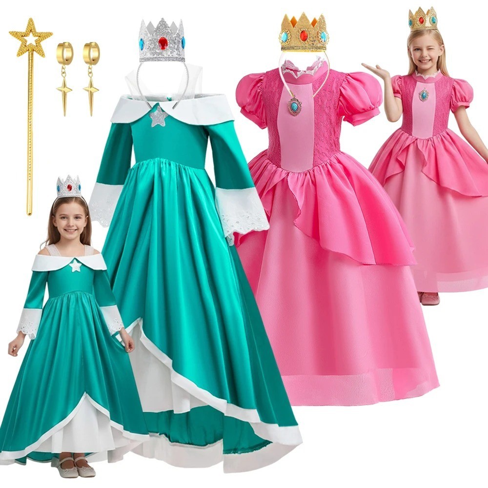 Girls Princess Peach Rosalina Costume Dress Halloween Cosplay Carnival Party Out