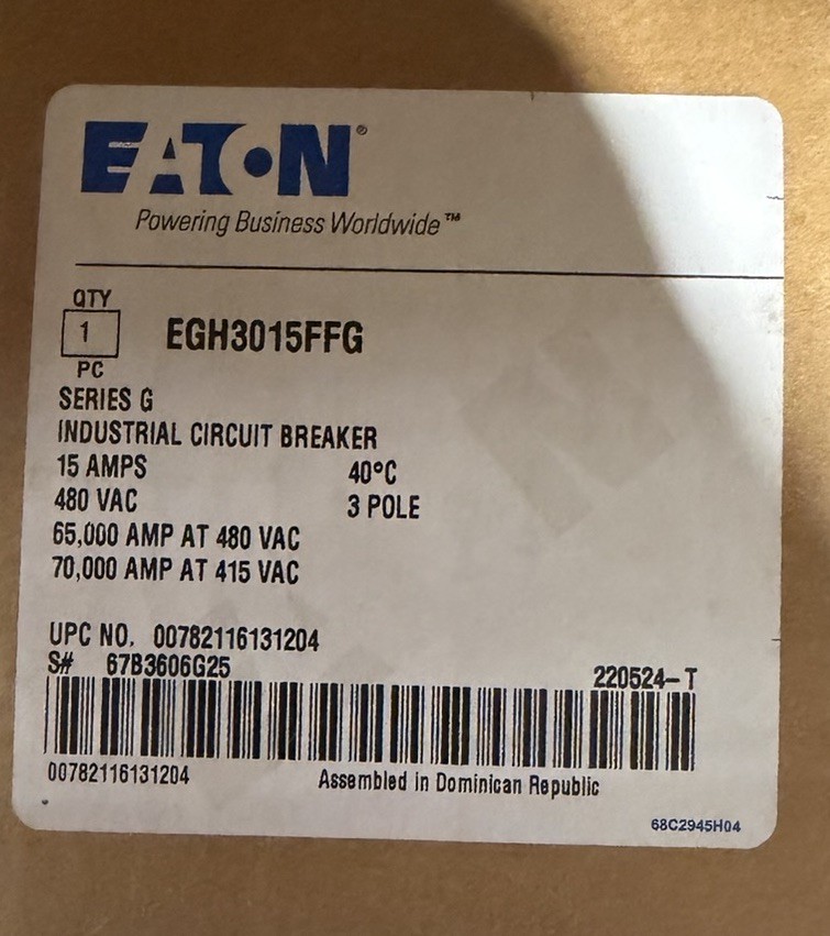 New Eaton 15A Molded Case Industrial Circuit Breakers E Frame EG 480V EGH3015FFG New Eaton 15A Molded Case Industrial Circuit Breakers E Frame EG 480V EGH3015FFG
