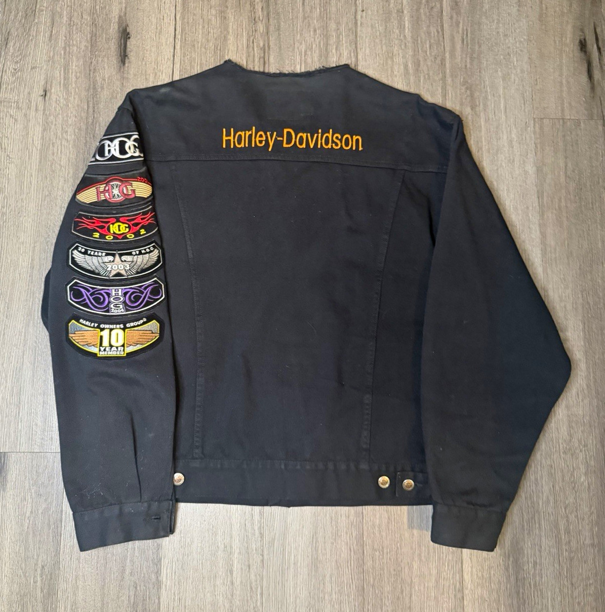 Vintage Harley-Davidson HOG Patch Route 66 Black Denim Jacket Size Large