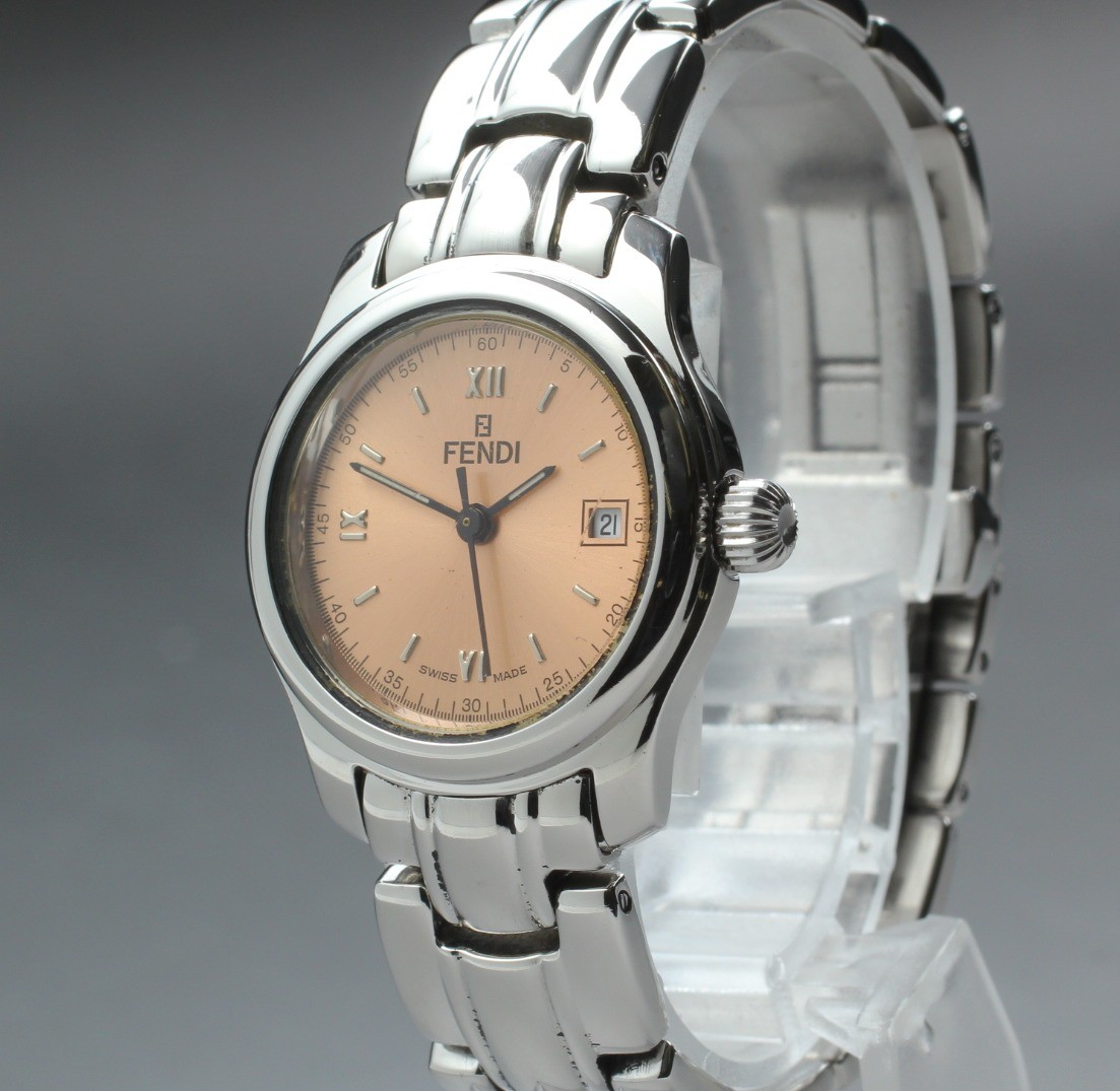 [Near MINT]  Vintage FENDI 210L 26mm Pink Dial Date Quartz Silver Women\'s Watch