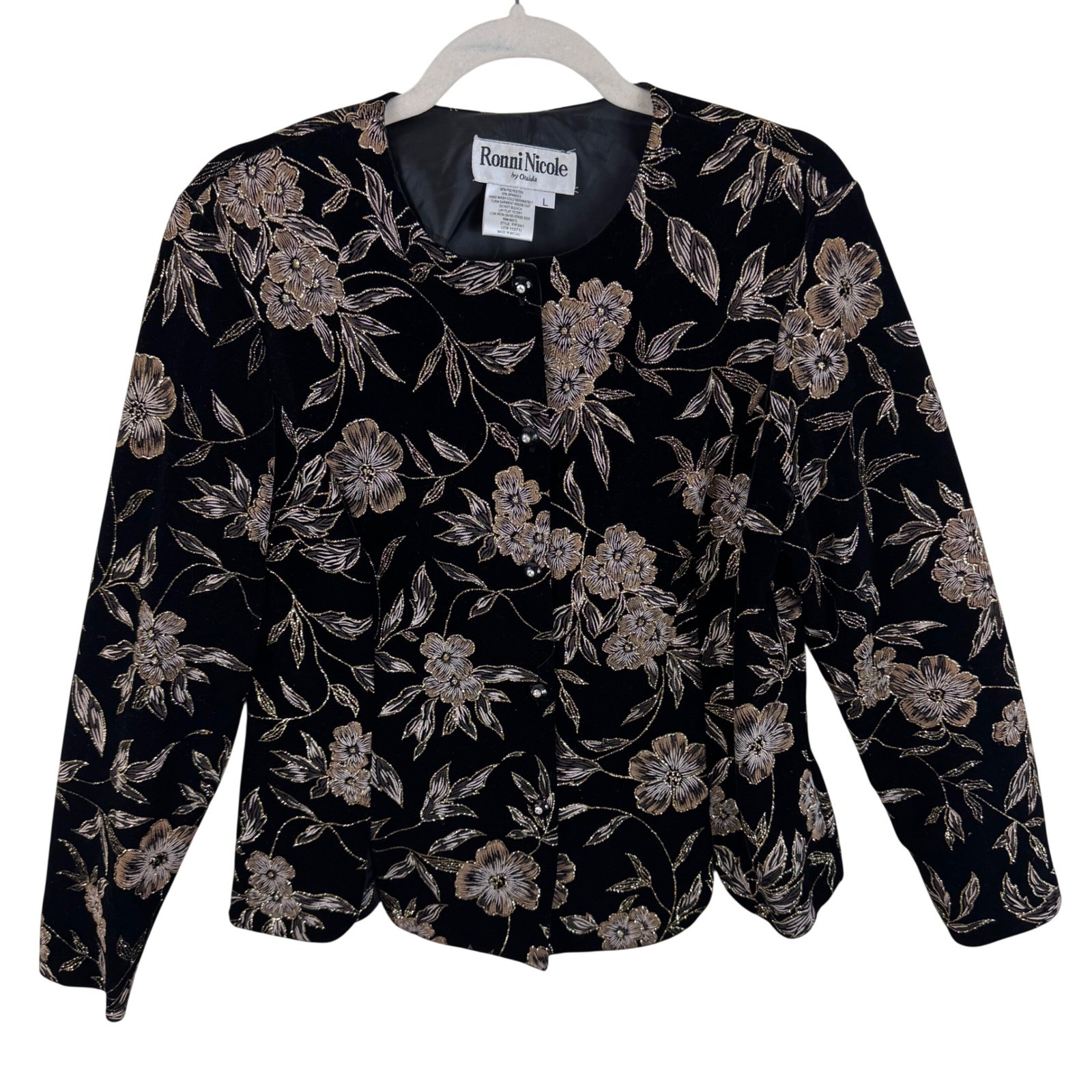 Ronni Nicole Vtg Black Velvet Glitter Floral Evening Jacket Blazer Gold Silver L