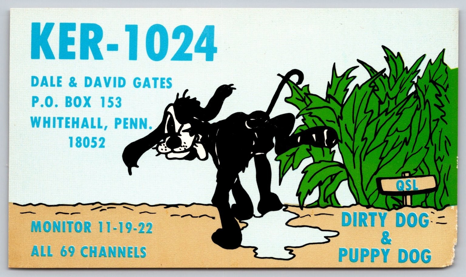 Vintage QSL Postcard Dirty Dog Cartoon Whitehall Pennsylvania 1970s CB Radio B38 Vintage QSL Postcard Dirty Dog Cartoon Whitehall Pennsylvania 1970s CB Radio B38