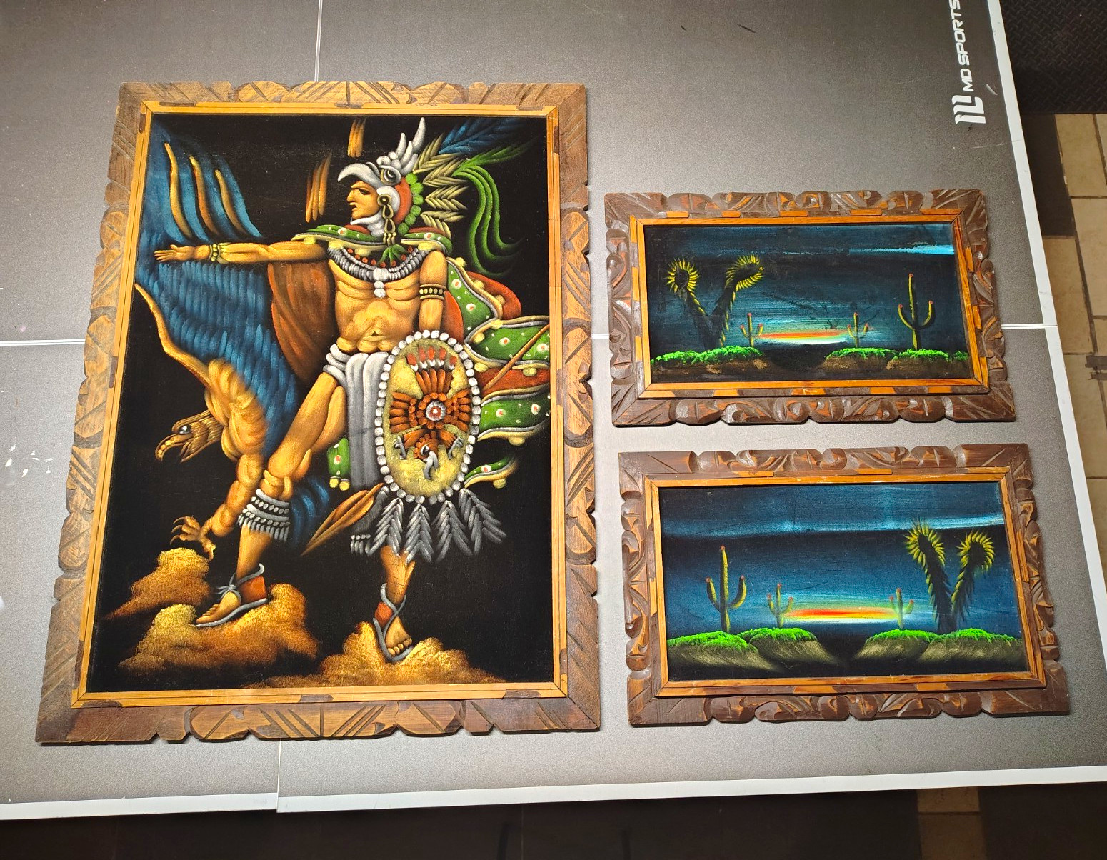 Aztec Velvet Paintings In Hand Carved Frames. Set Of 3 Aztec Velvet Paintings In Hand Carved Frames. Set Of 3