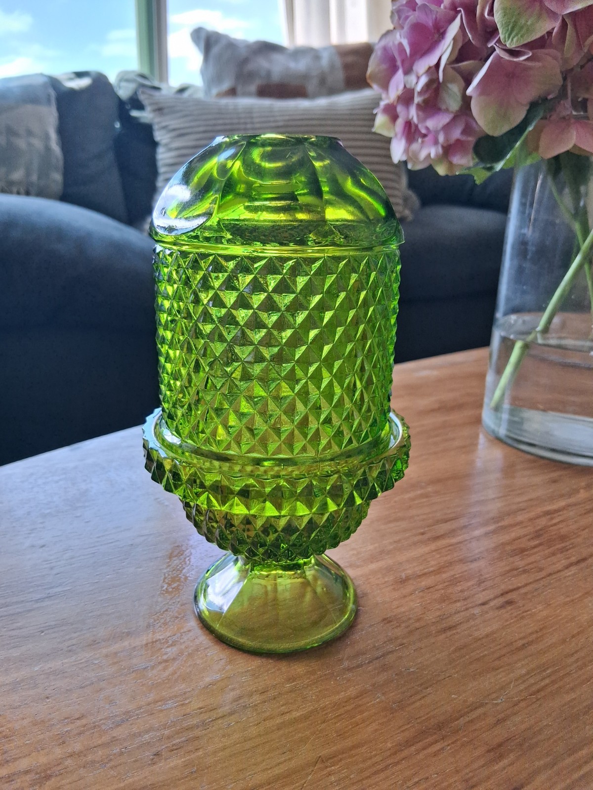 Viking Glass Green Diamond Point Fairy Lamp Glimmer Light Vintage Mcm EUC Viking Glass Green Diamond Point Fairy Lamp Glimmer Light Vintage Mcm EUC