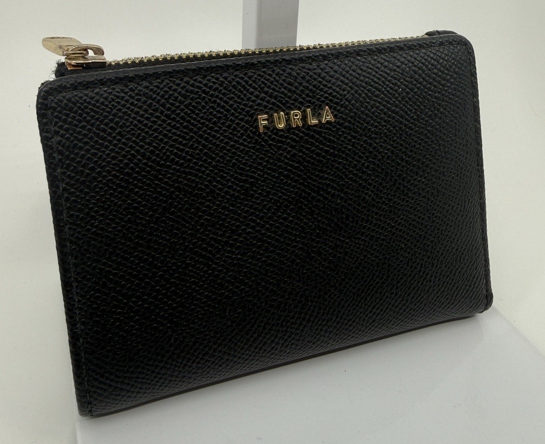 Furla Babylon Black Pebbled Leather Bifold Wallet Snap Closure Zip Coin Pocket