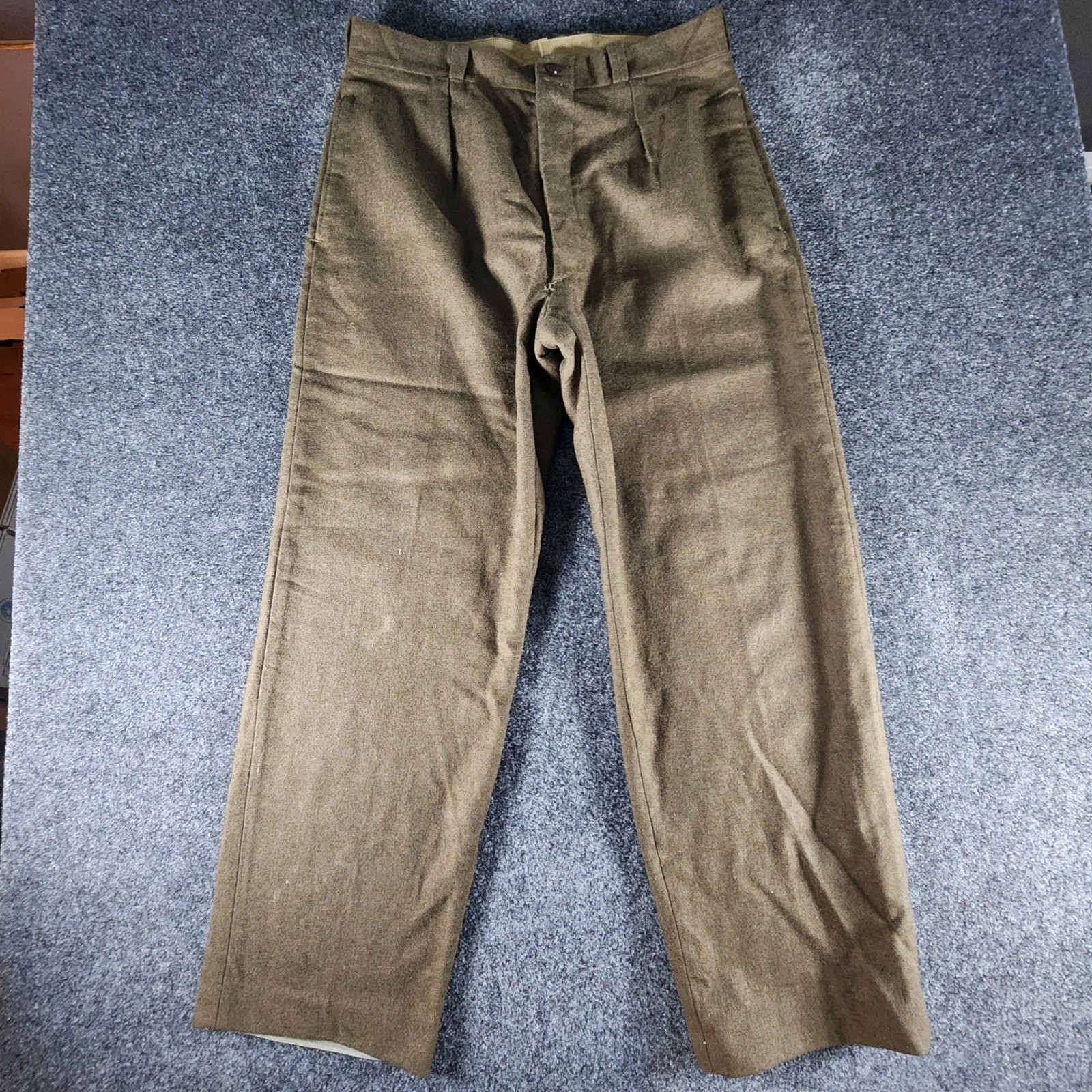 VTG 40s French Military Wool Trousers Brown Olive Drab Button Fly Pleated 32x30 VTG 40s French Military Wool Trousers Brown Olive Drab Button Fly Pleated 32x30