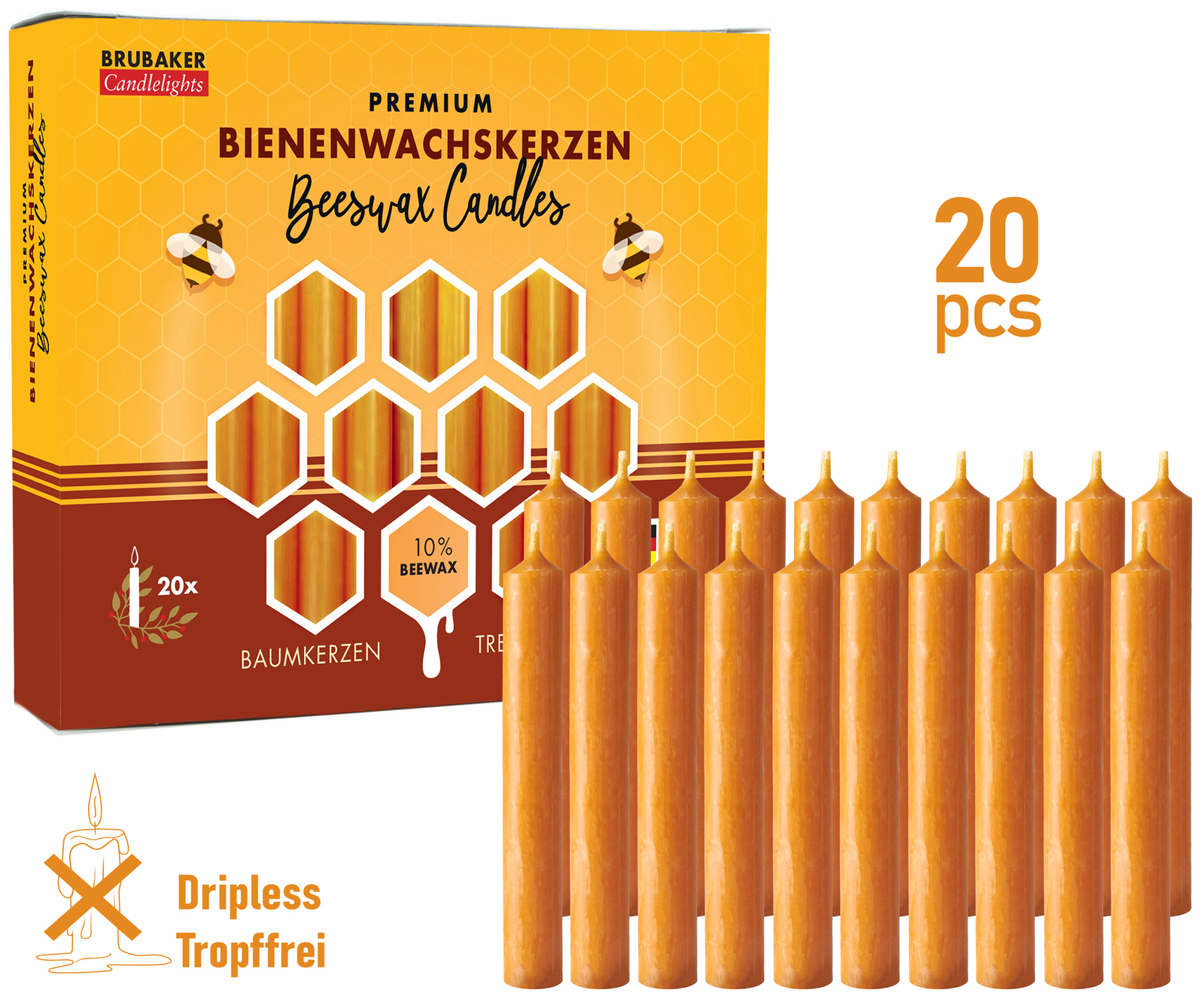 BRUBAKER 10% Beeswax Tree Candles - Pack of 20 - Honey Colored - 3.74\