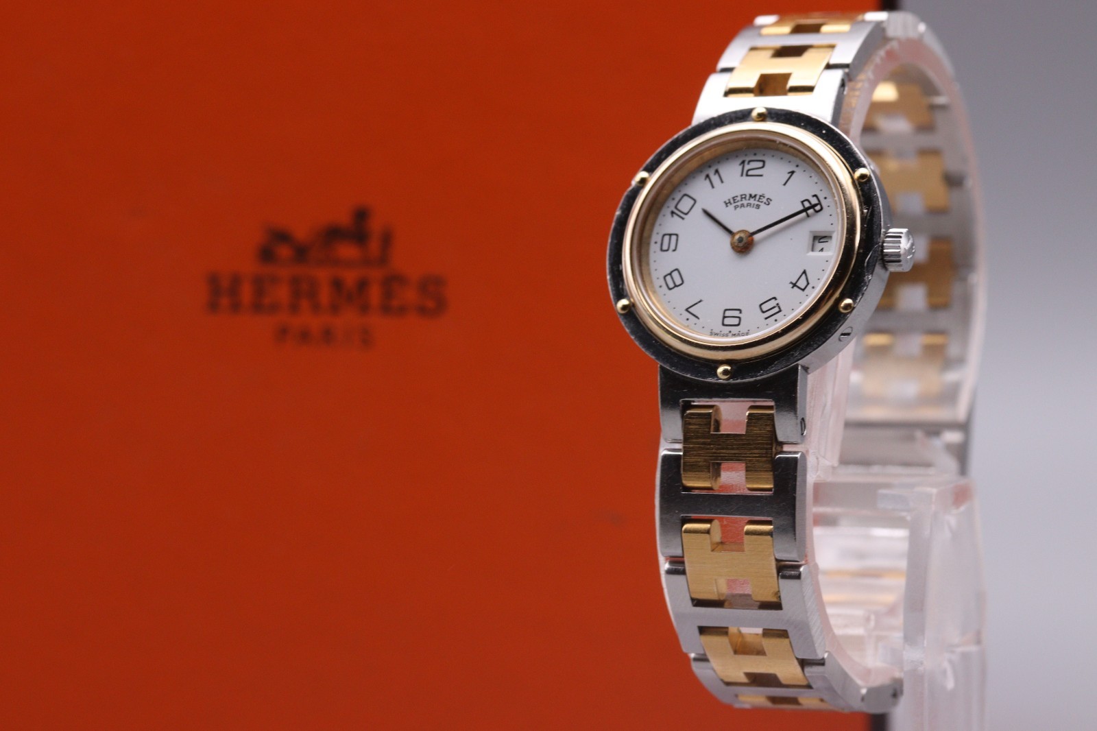 [Near MINT Full Set] HERMES Clipper 24mm White Dial Date Quartz Watch
