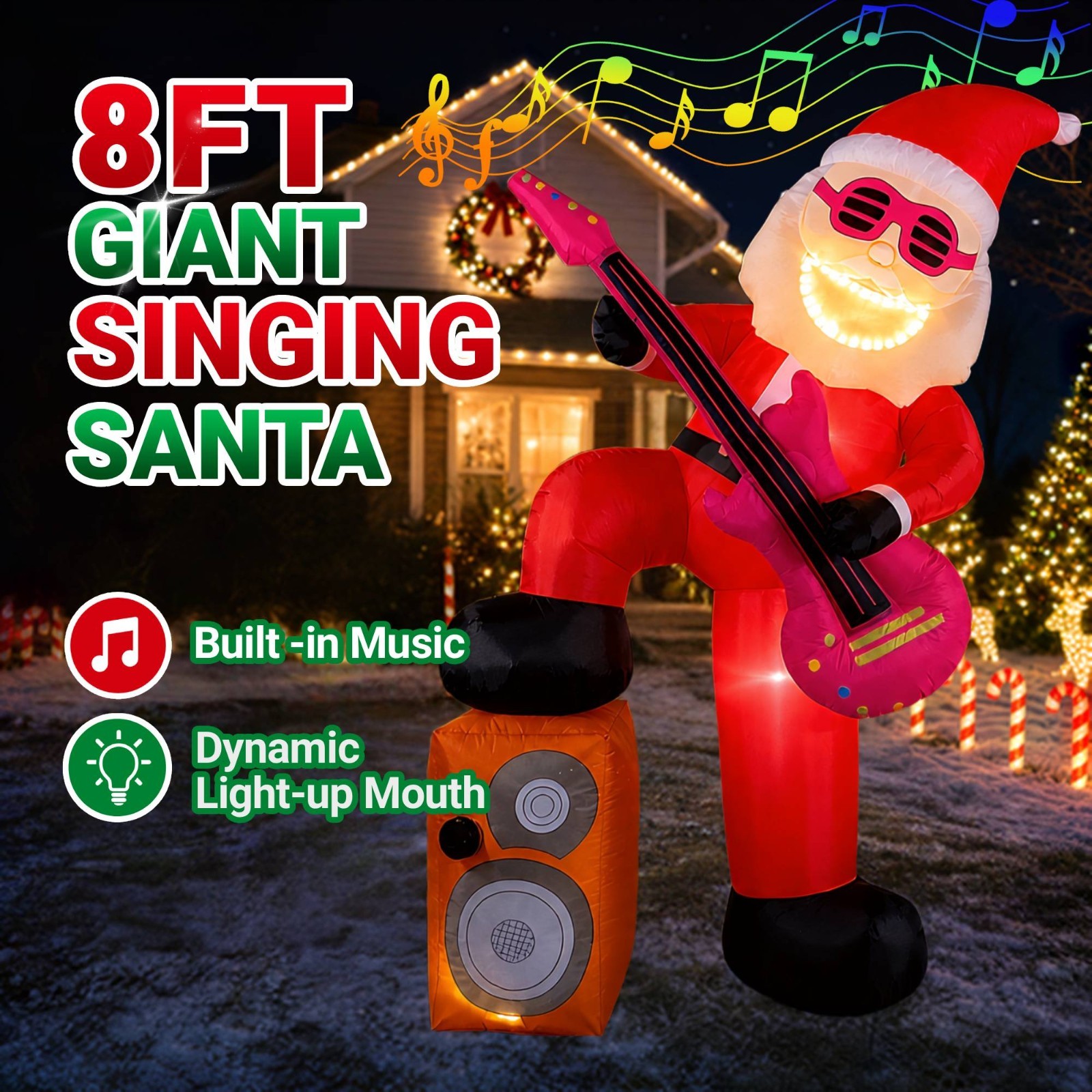 8FT Christmas Inflatable Santa with Built-in Music and Dynamic Light-Up Mouth
