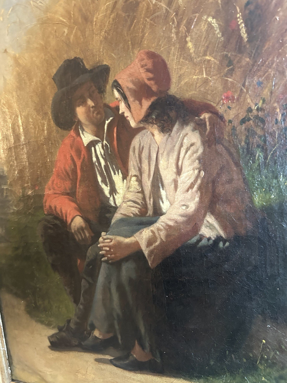 Antique 1857 European Oil Painting – Pastoral Romantic Genre Scene (Signed)