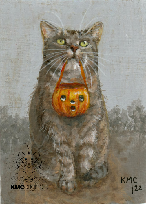 KMCoriginals PRINT Cat with Pumpkin Basket Halloween Reproduction Fun ACEO art