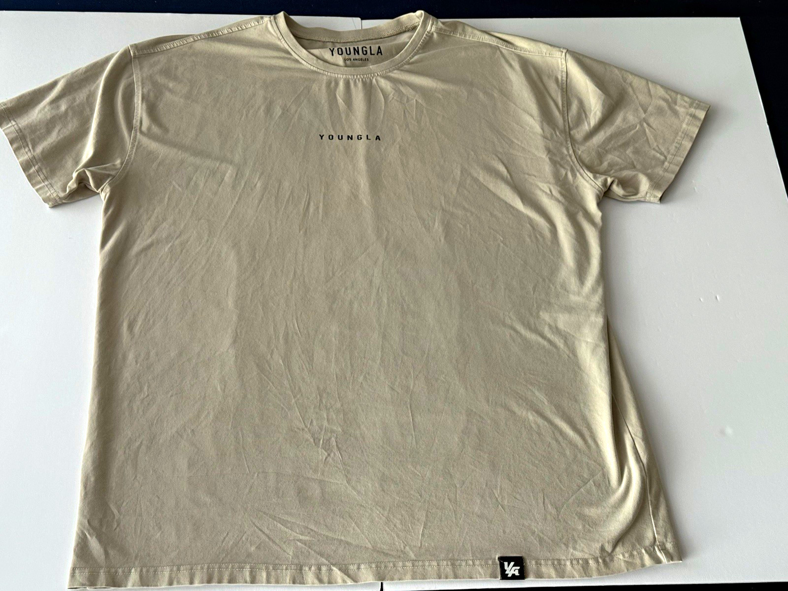 YoungLA Men’s MEDIUM Beige Cream Minimal Logo T-Shirt Gym Workout Tee