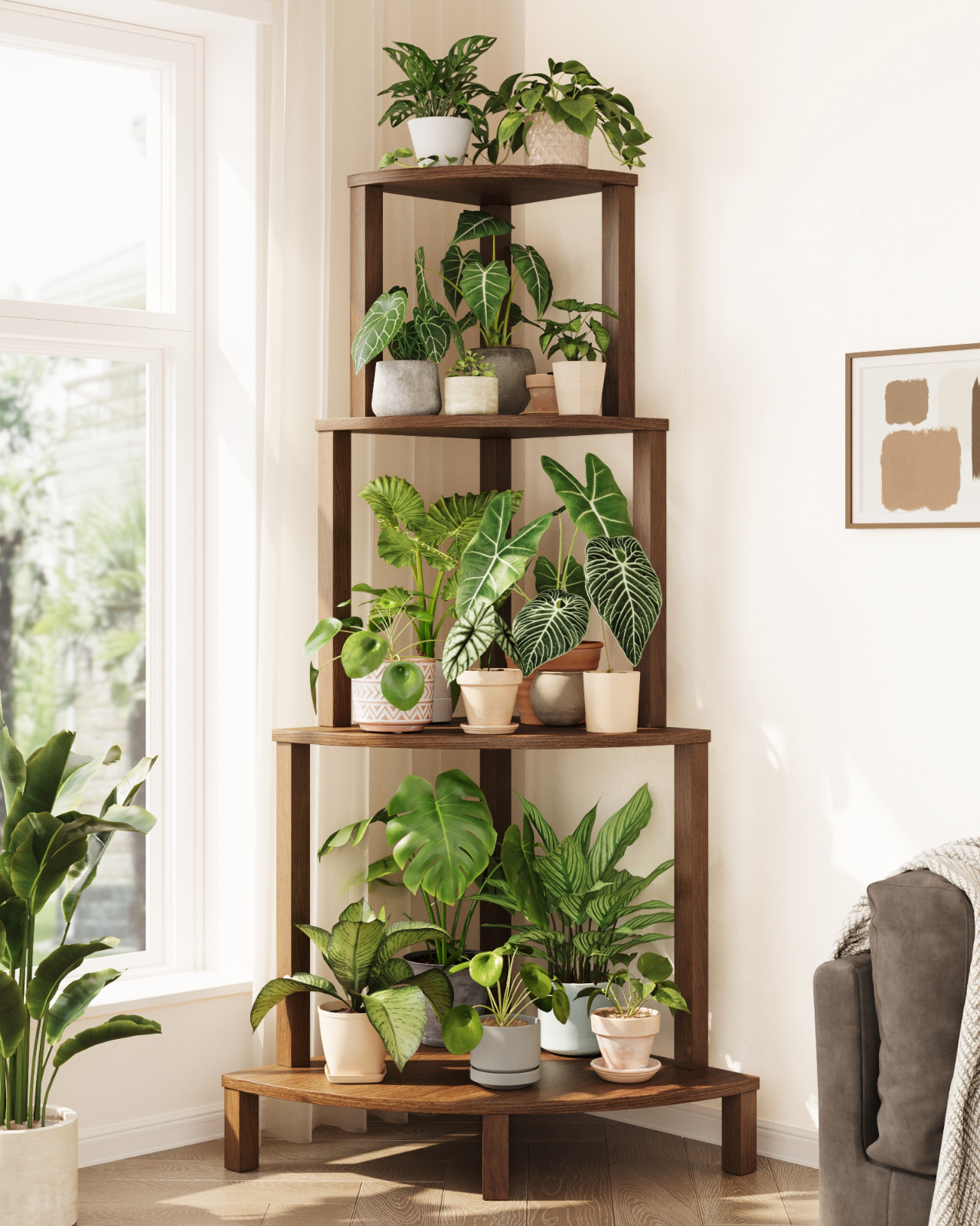 Bamworld Corner Plant Shelf 4-Tier Plant Stand Indoor Wood Plant Rack 60 Inch