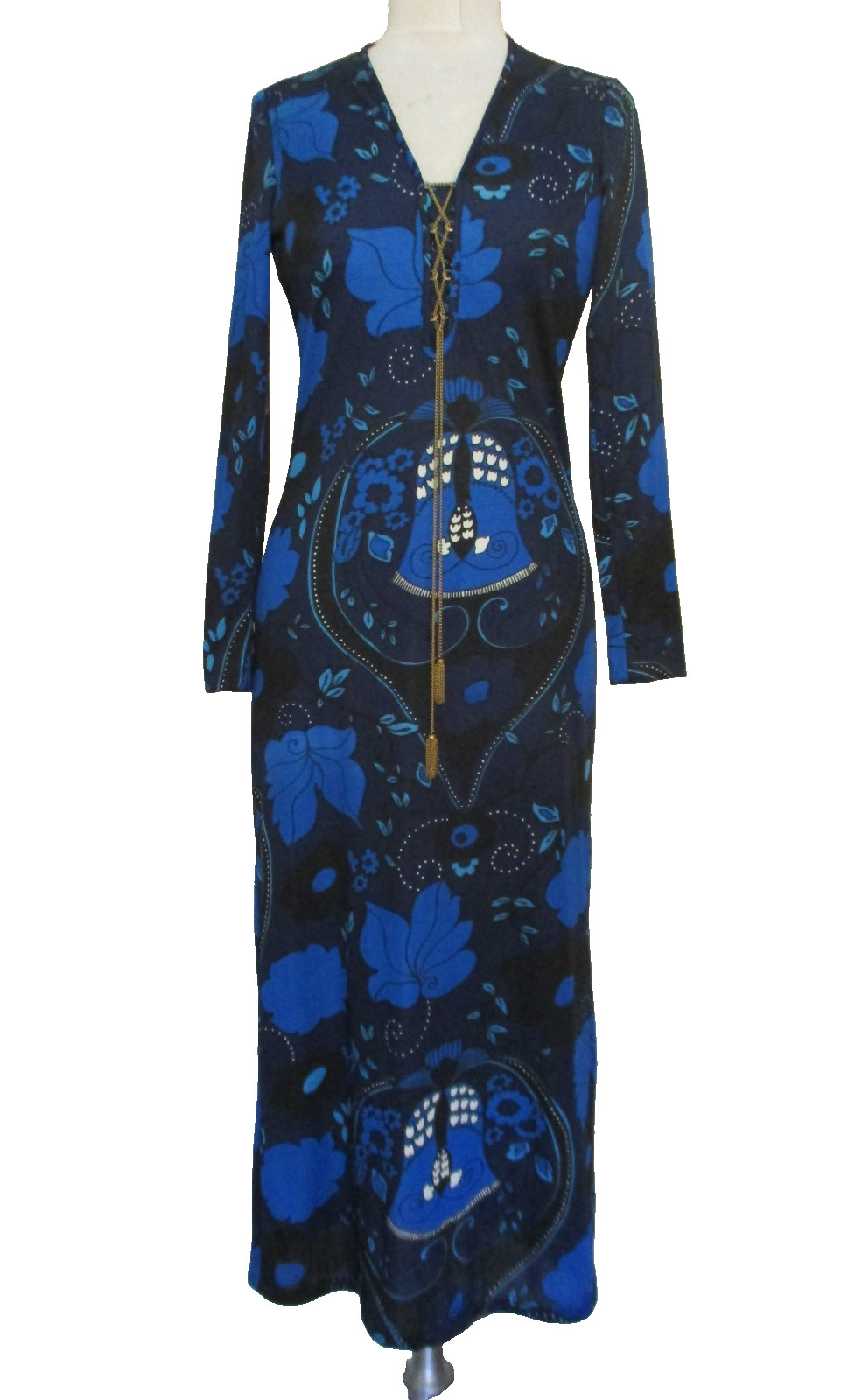 Vintage 60s 70s Black Blue Maxi Dress Psychedelic Print S Women Chain Detail