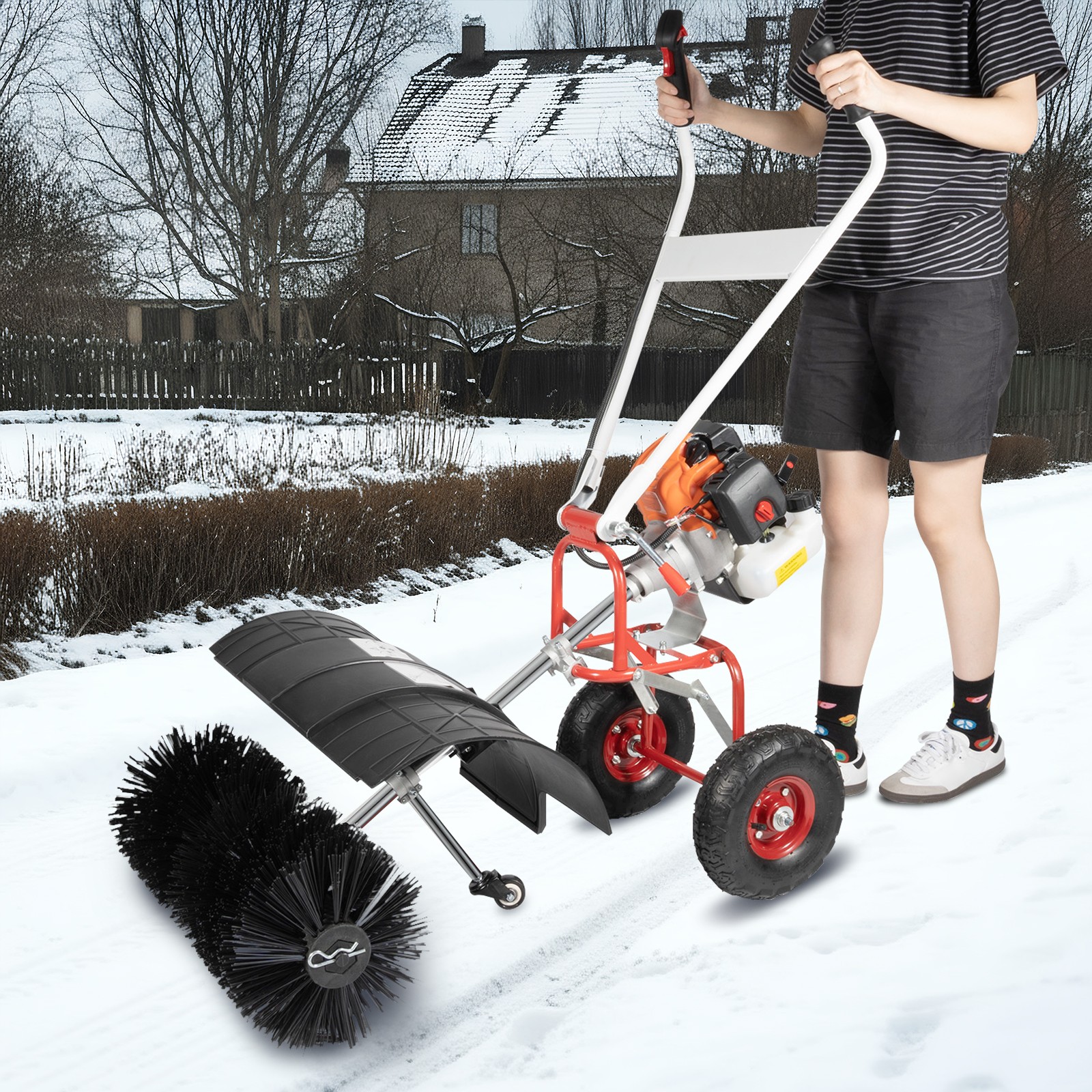 52CC Gas Power Nylon Brush Broom Sweeper Walk Behind Snow Sweeper Snow Clean...