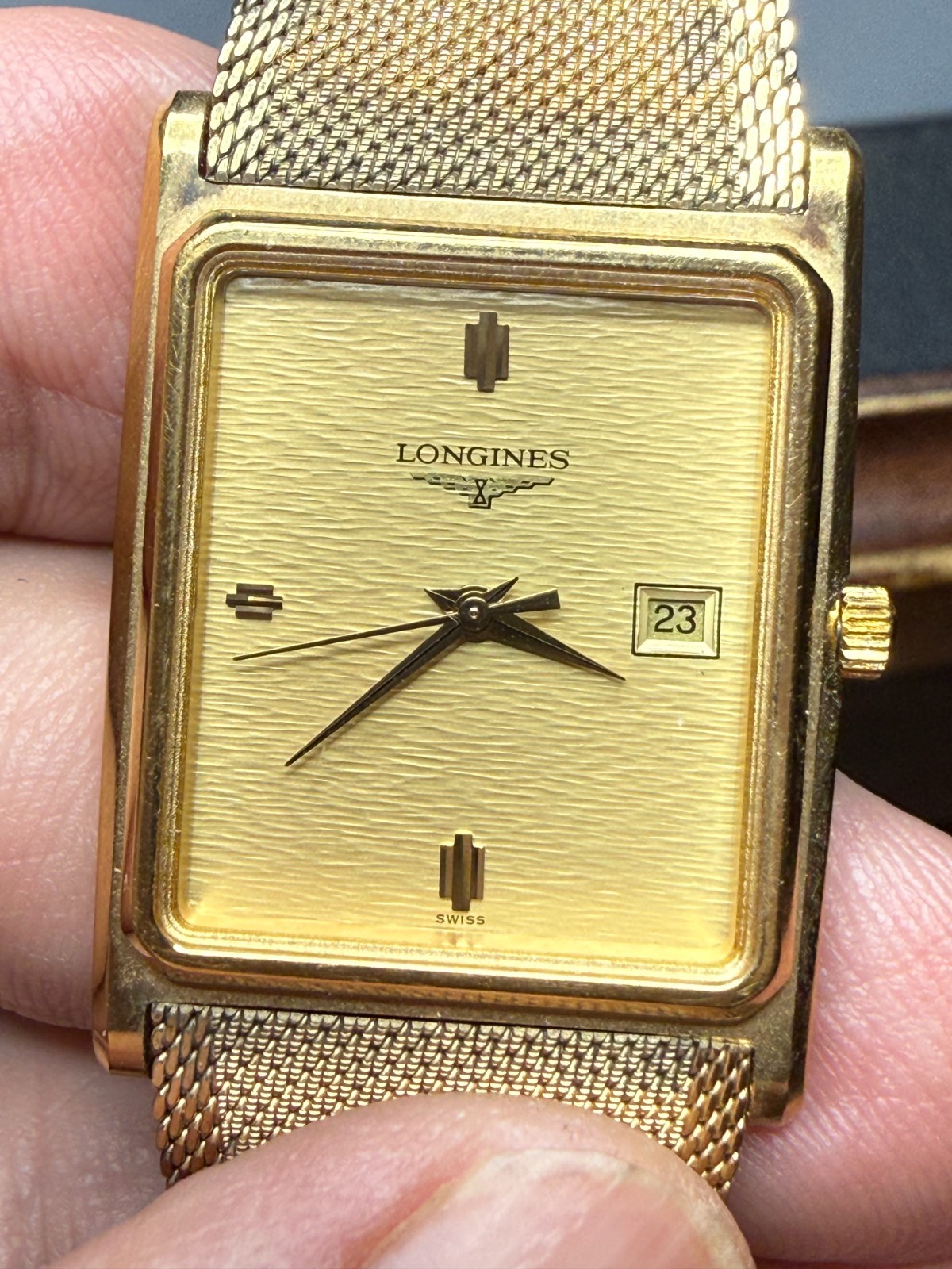 Vintage Longines Quartz Tank Watch - Champagne Dial, Date - Mid-Century Swiss