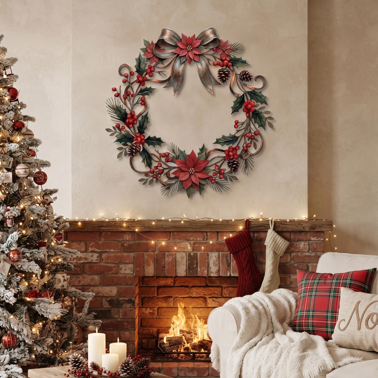 Christmas Poinsettia Wreath Metal Wall Art, Holiday Berry Pinecone Door Decor