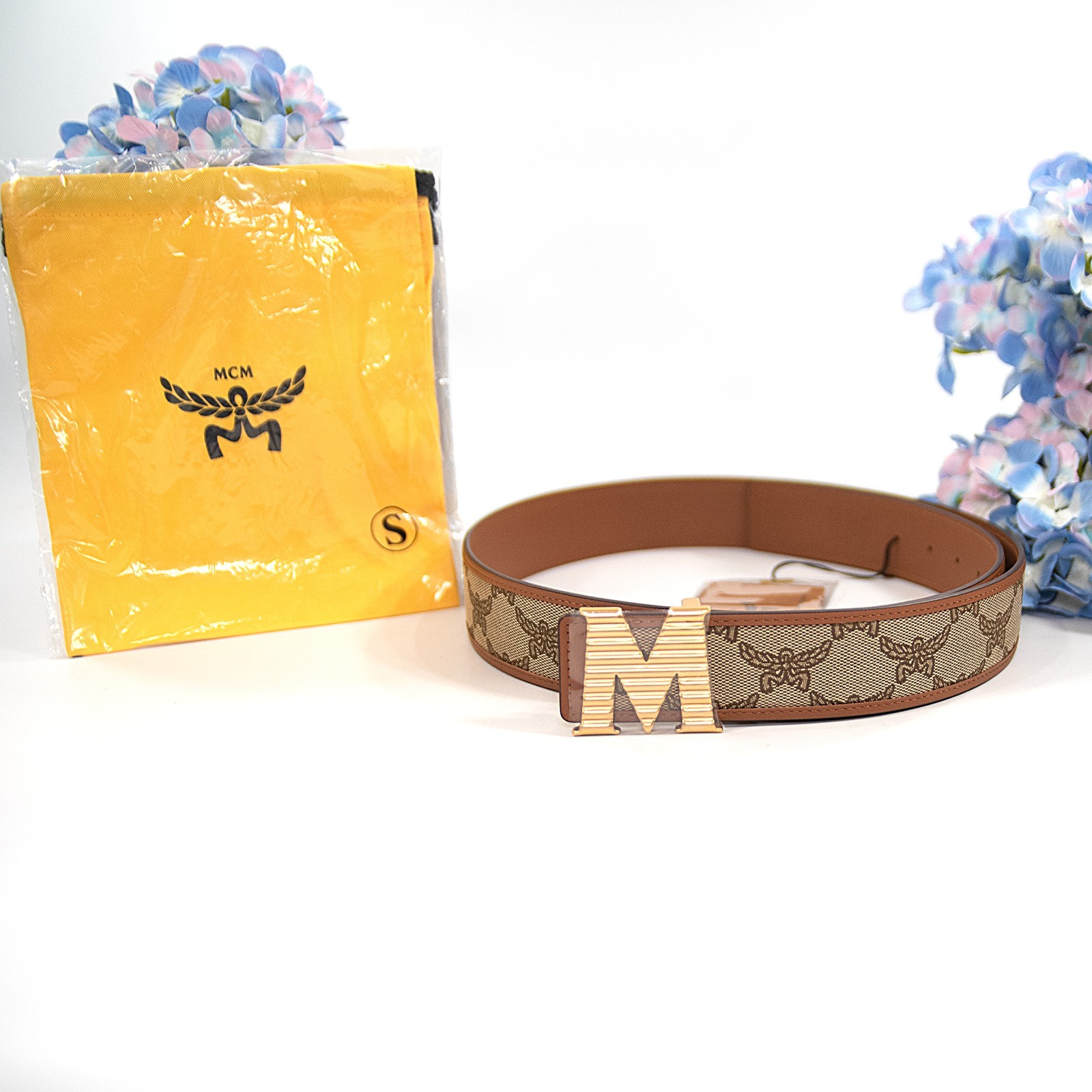 MCM Claus Cognac Calf Leather Lauretos Logo Gold Plated Buckle Belt NWT $360