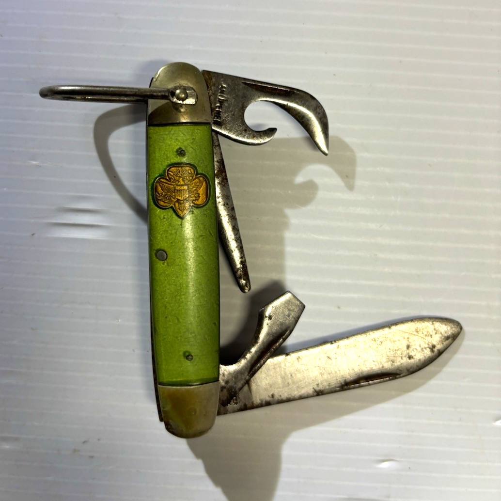 Antique Girl Scout Green/Silver Metal Multi-Tool Straight Knife & Can Opener Antique Girl Scout Green/Silver Metal Multi-Tool Straight Knife & Can Opener
