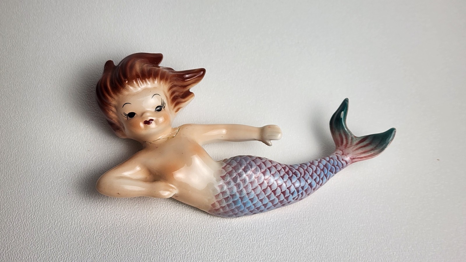 Vintage Lefton Ceramic Mermaid Wall Plaque Girl Brown/Red Hair MCM B-2281 Small