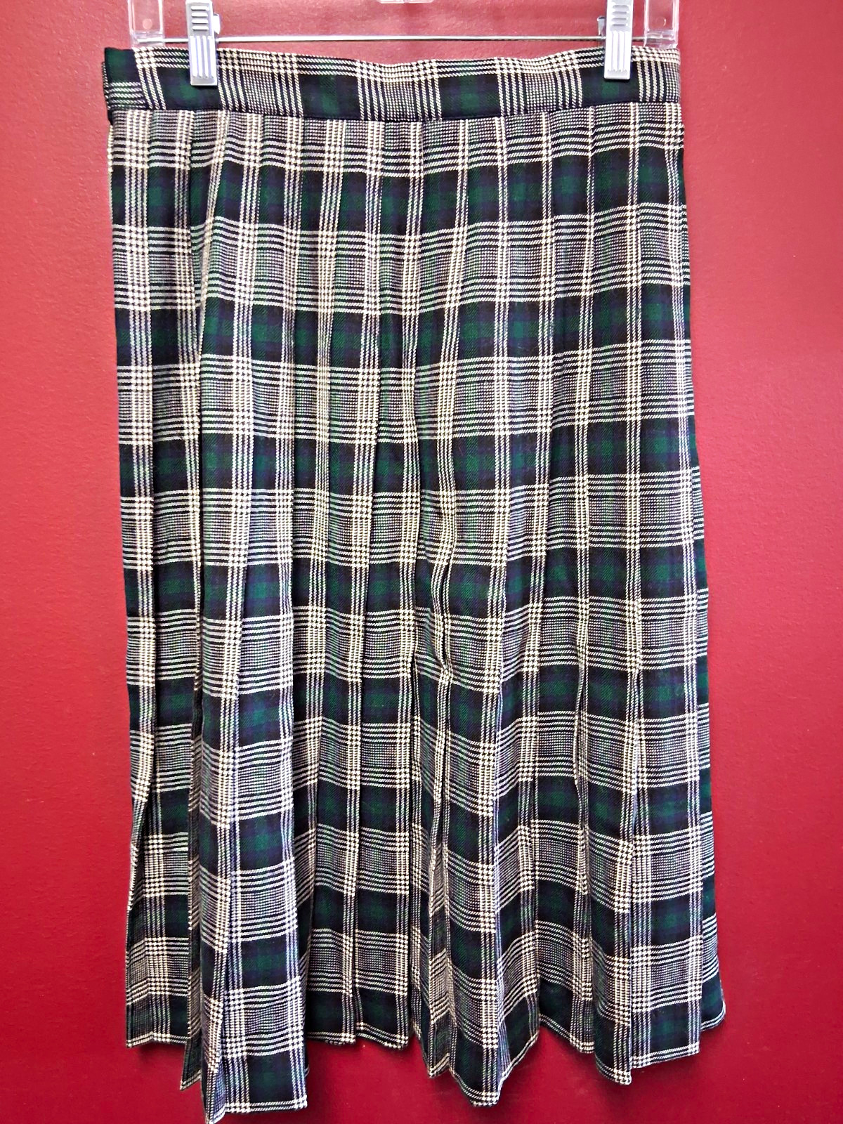 Talbots Petites 10P Green/Black/White Plaid Wool Pleated Lined Midi Skirt #47