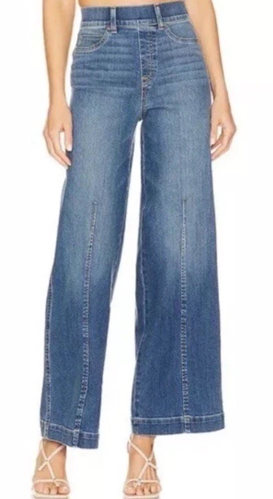 Spanx Seamed Front Wide Leg Pull-on Jeans Vintage Indigo Blue 20407Q XS Petite