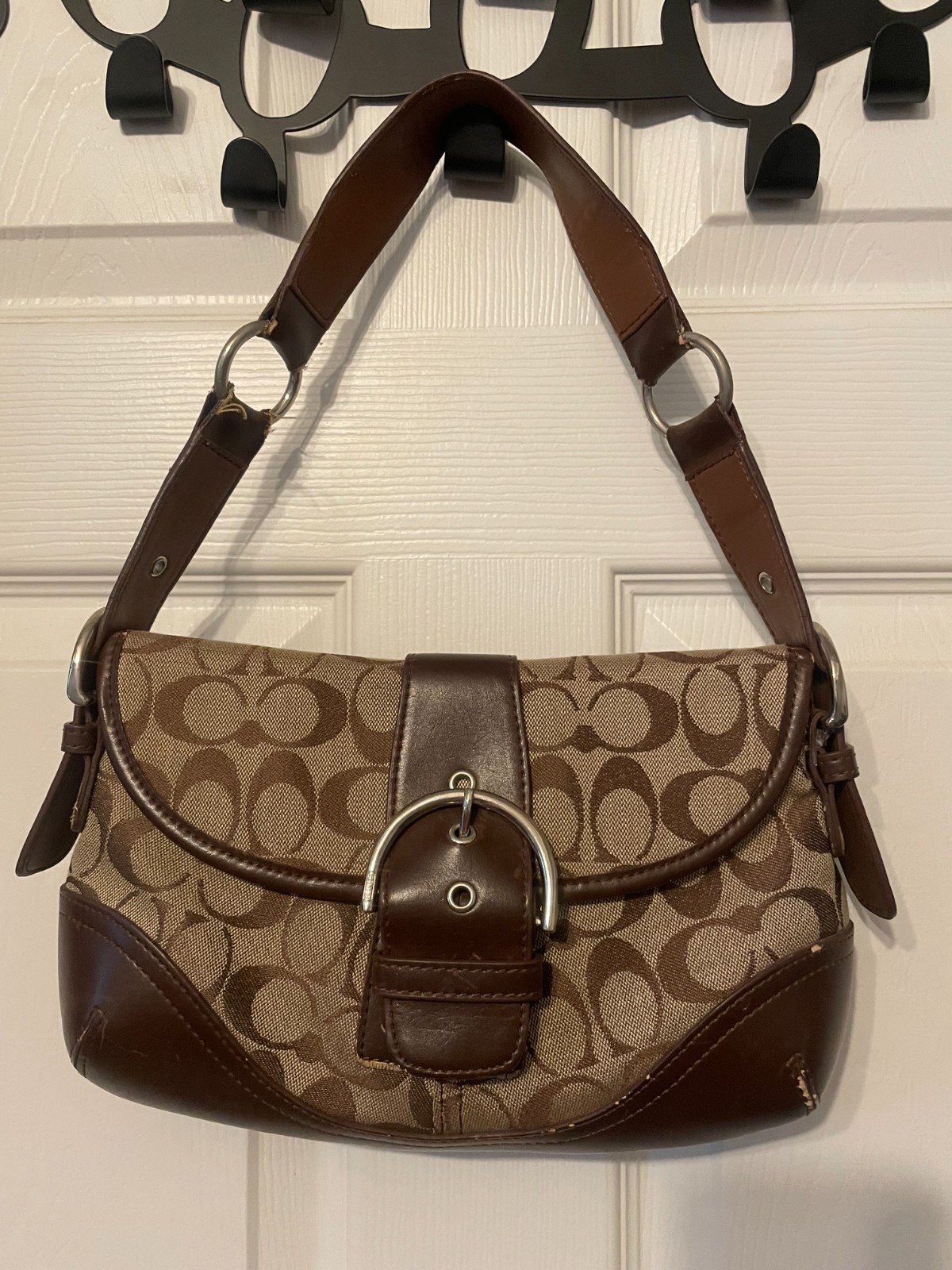 Vintage Coach Soho Signature Flap Shoulder Bag Brown Jacquard Y2K Hobo 6818 Flaw