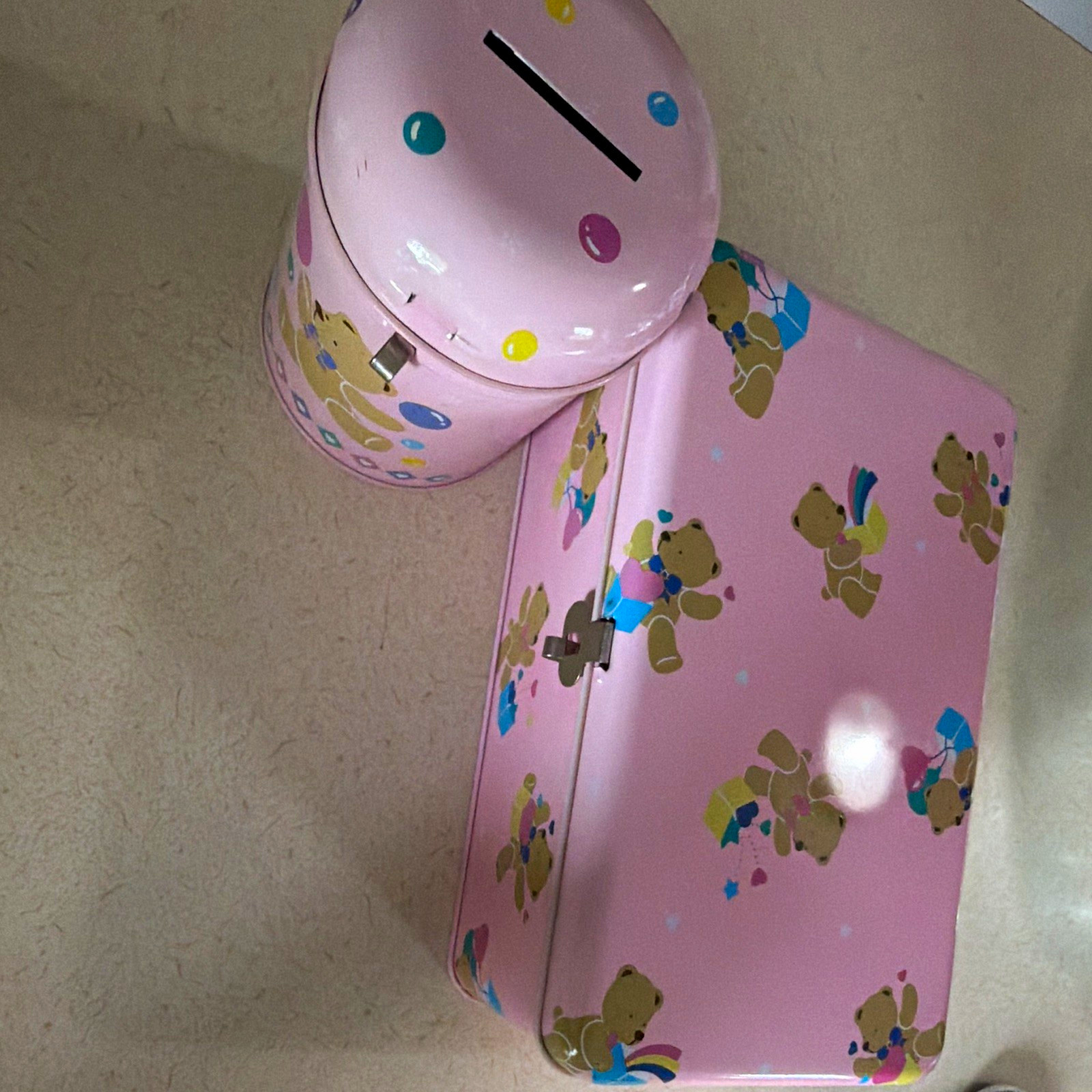 Sanrio 1989 Vintage Pink Bear & Balloons Metal Tin Latch Lid Coin Bank Set Sanrio 1989 Vintage Pink Bear & Balloons Metal Tin Latch Lid Coin Bank Set