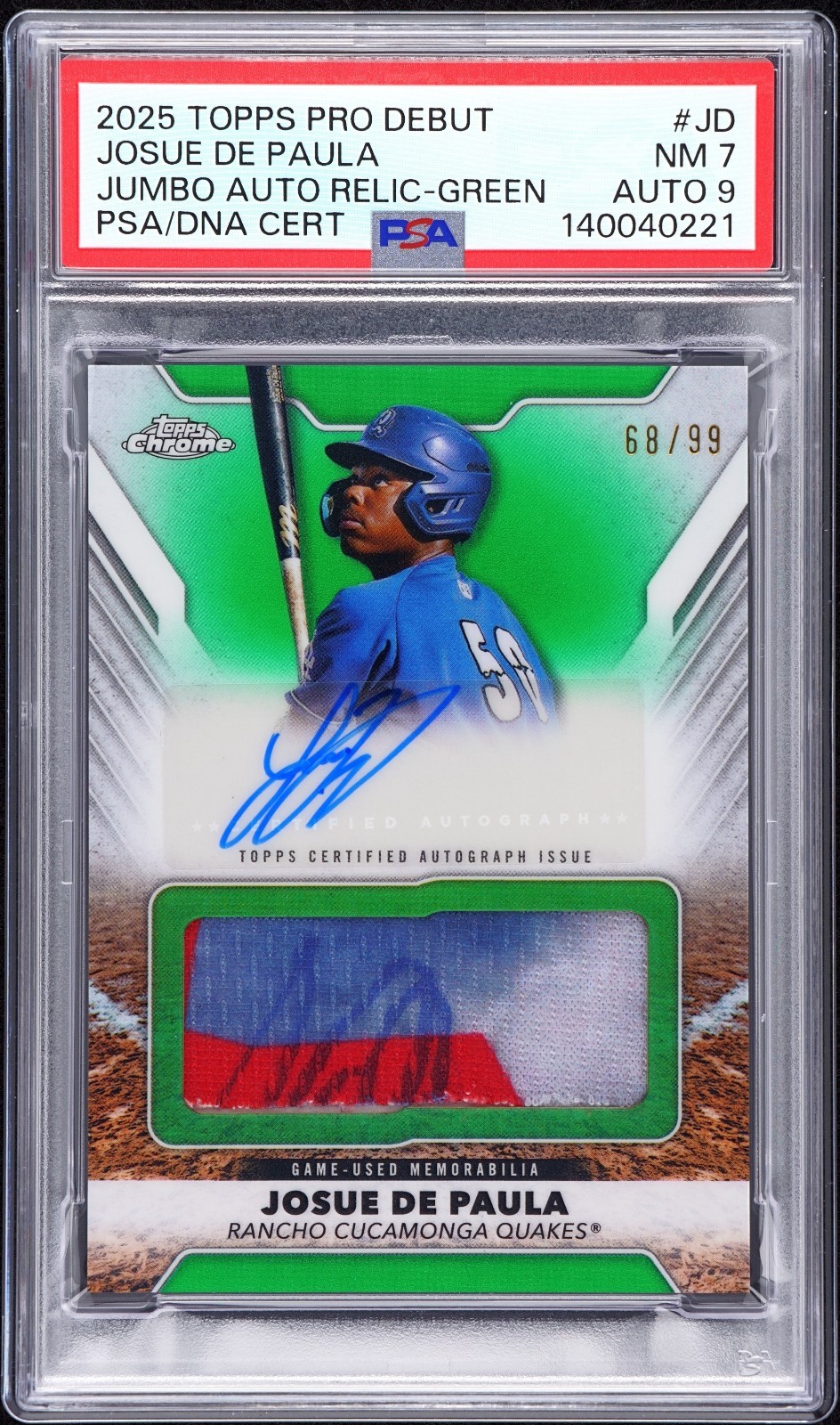 Josue De Paula Green Jumbo Auto Relic 2025 Topps Pro Debut #PDJAR-JDP  /99 PSA