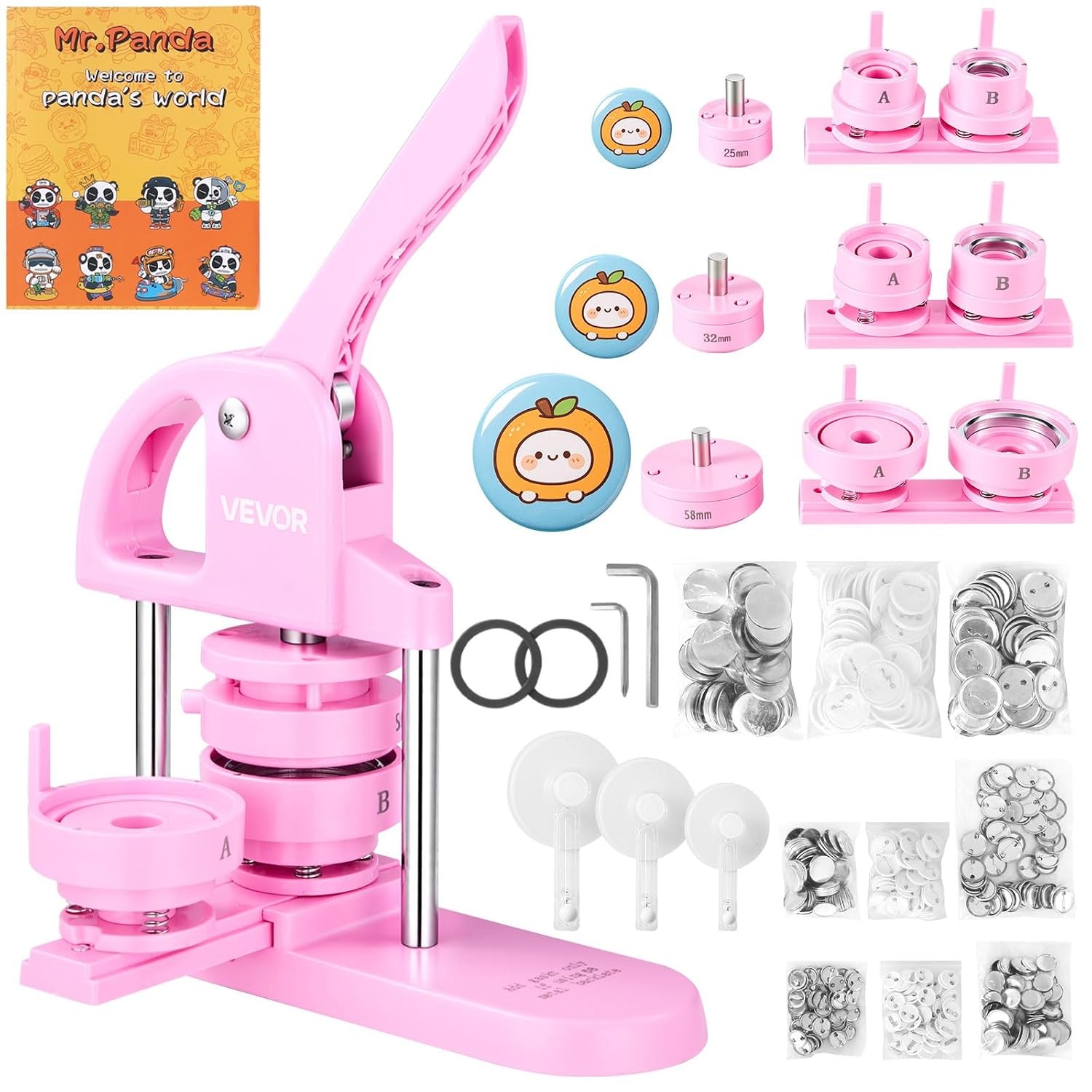 VEVOR 3-in-1 Button Maker - 25/32/58mm (1/1.25/2.25 inch) with 300pcs Parts, Erg