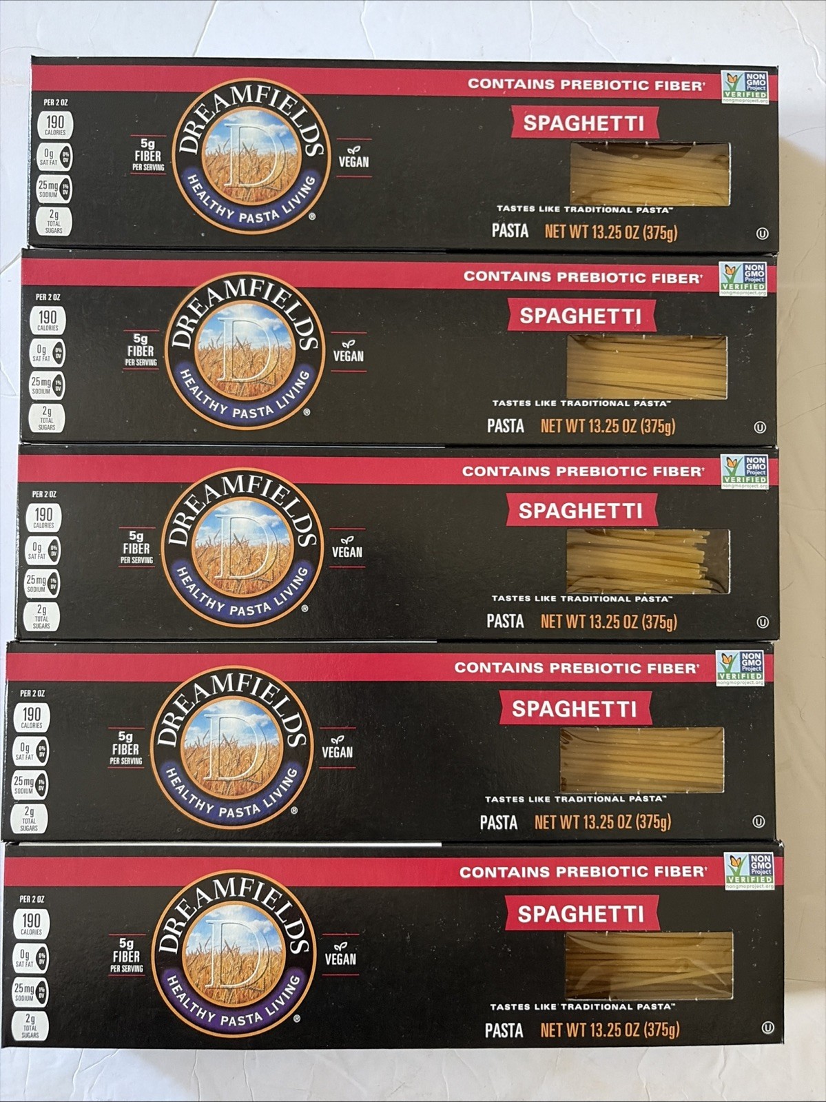 5 Boxes Dreamfields Spaghetti Pasta Non-GMO Vegan 13.25 Ounce Exp. 05/27 5 Boxes Dreamfields Spaghetti Pasta Non-GMO Vegan 13.25 Ounce Exp. 05/27