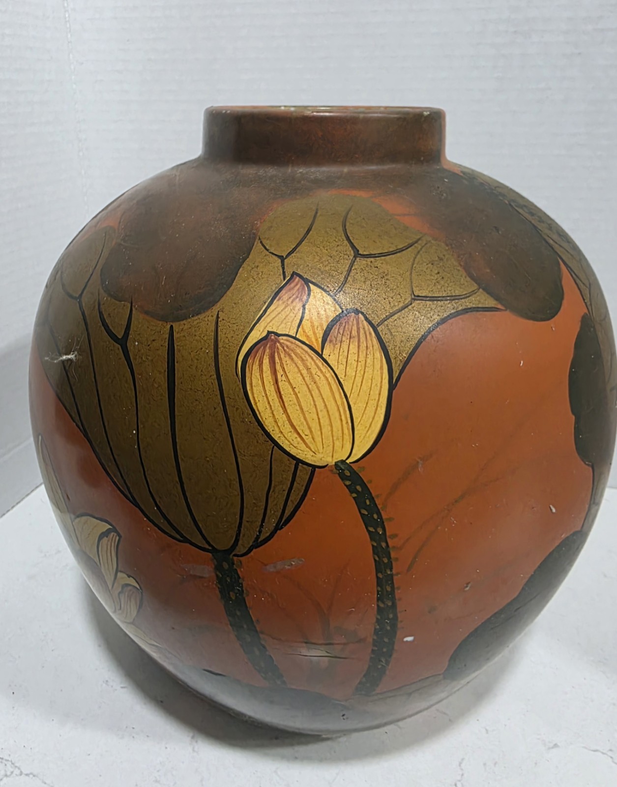 Maitland-Smith Vintage Hand Painted Chinese Porcelain Lotus Butterfly Ovoid Vase